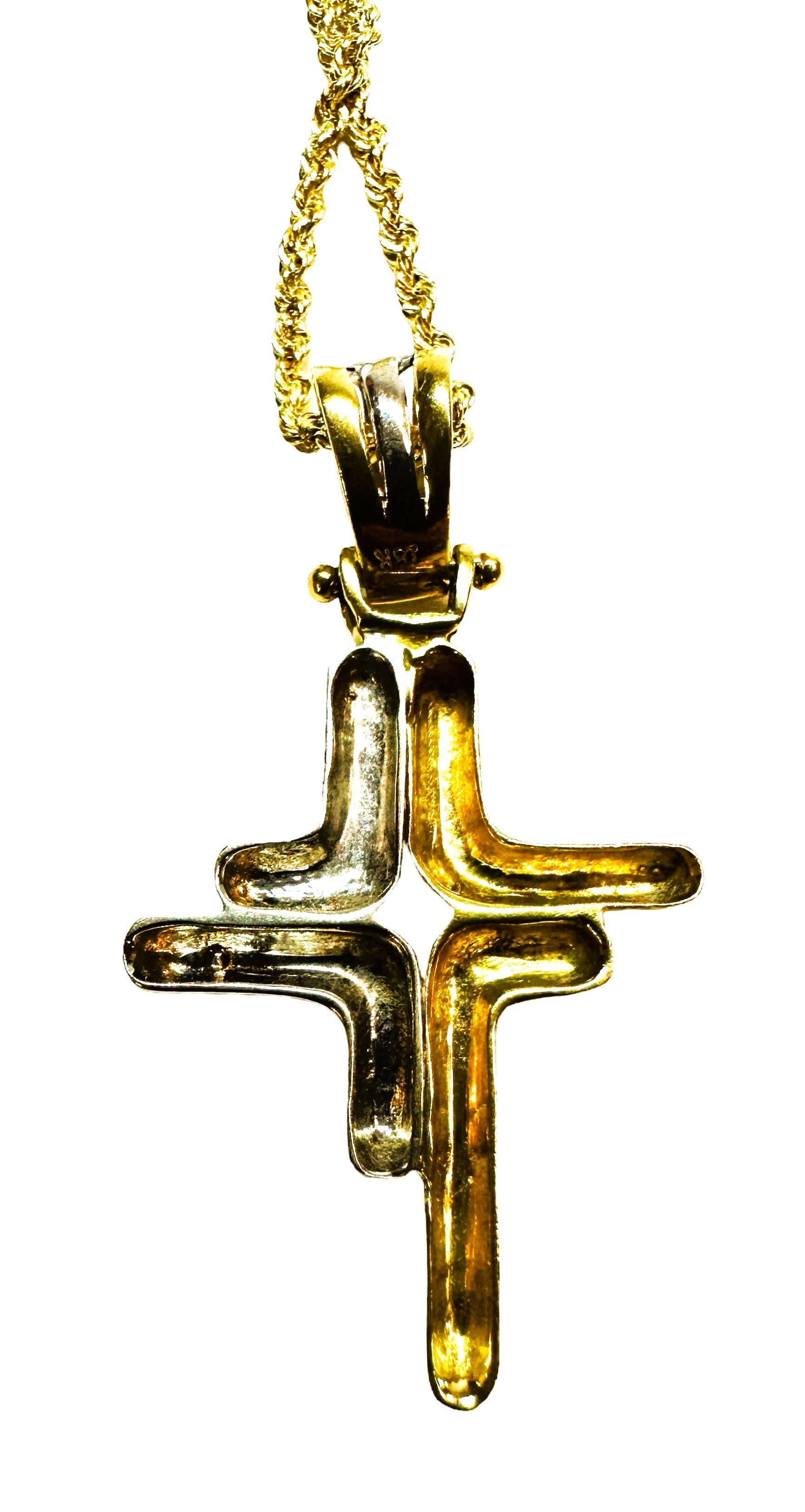 18K Yellow and White Gold Modern Cross Pendant with 14k Yellow Gold Chain 18.5