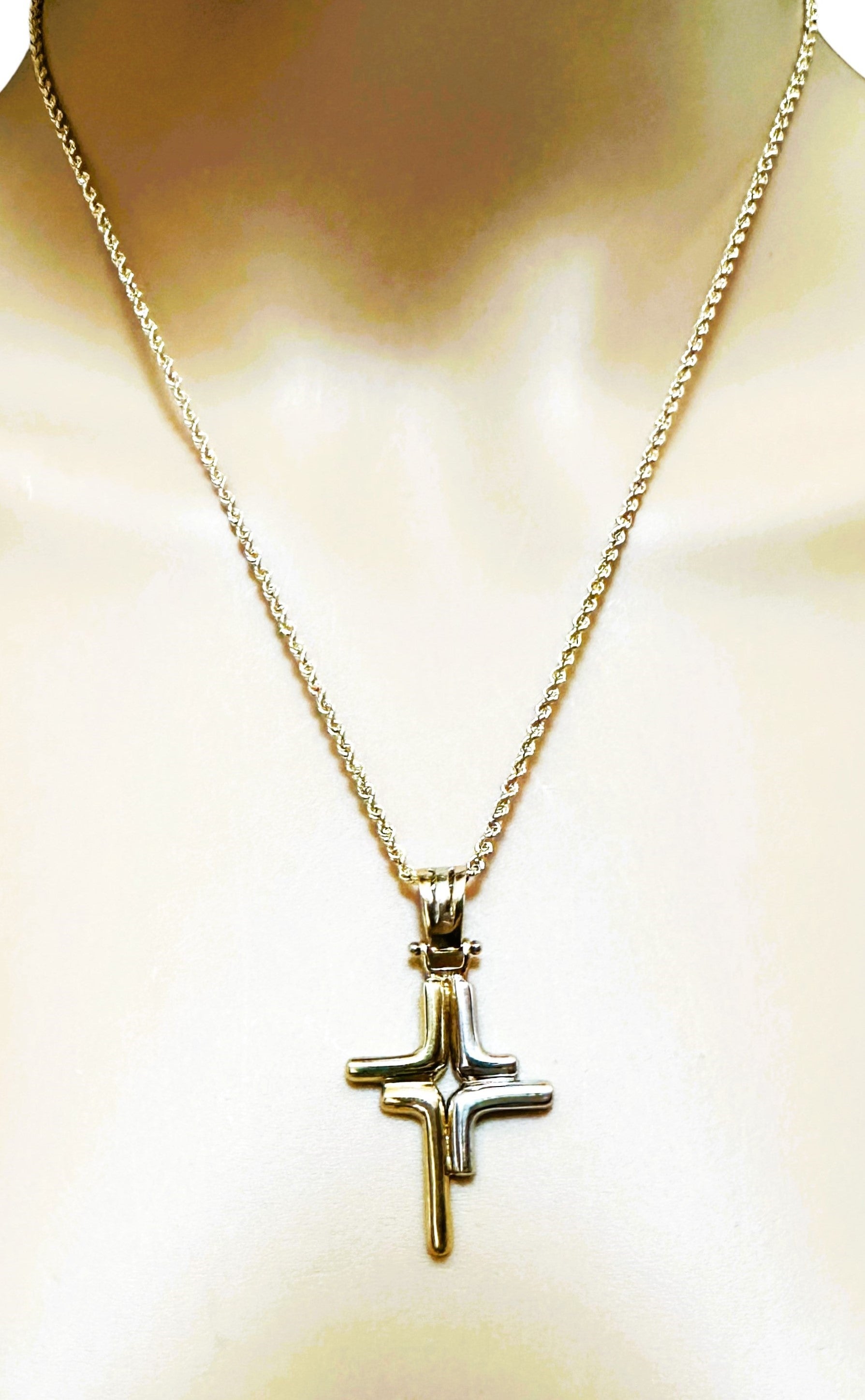 18K Yellow and White Gold Modern Cross Pendant with 14k Yellow Gold Chain 18.5"