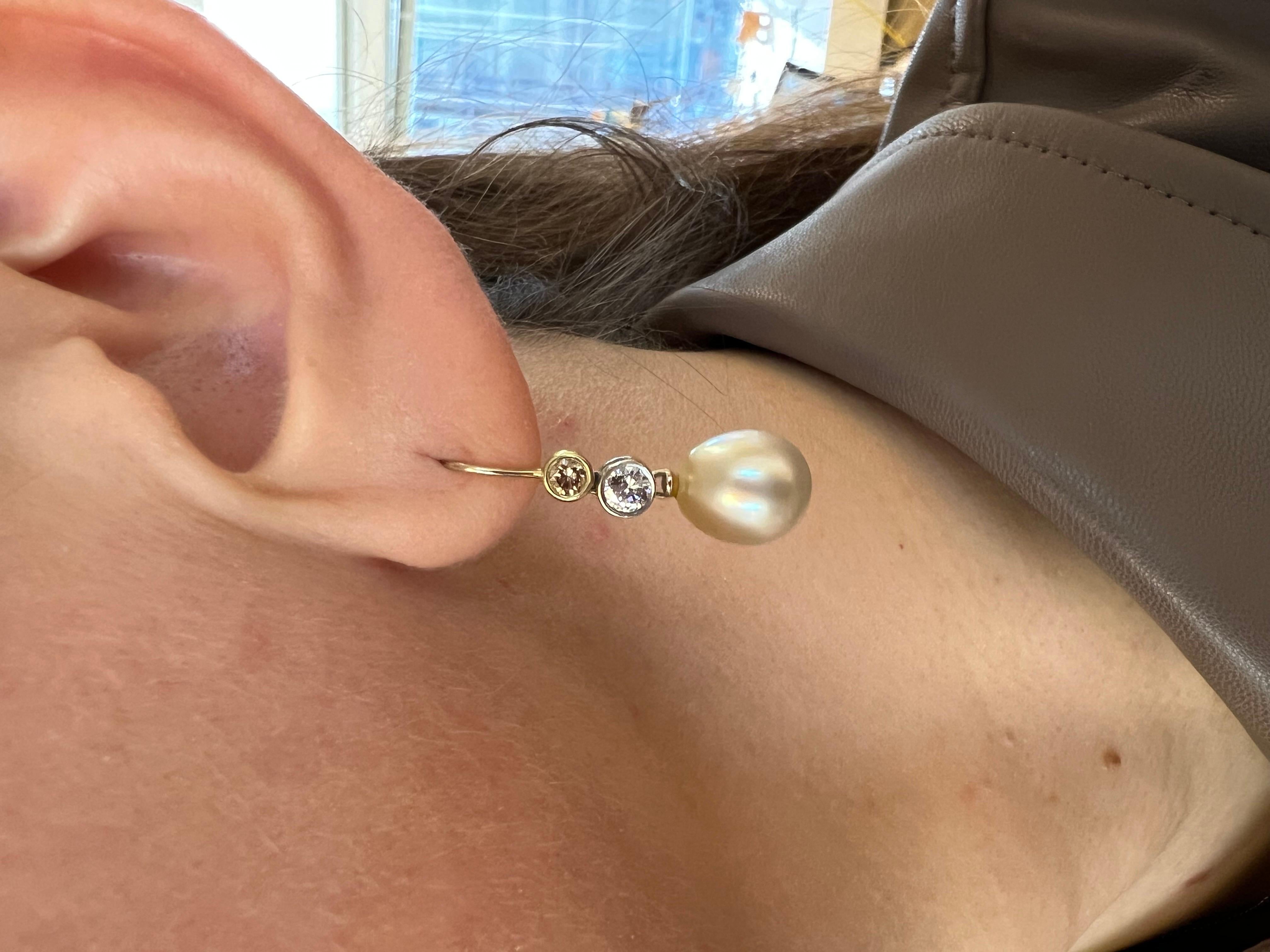 Women's or Men's 18k Yellow and White Gold Pearl Earring with White and Champagne Diamonds For Sale