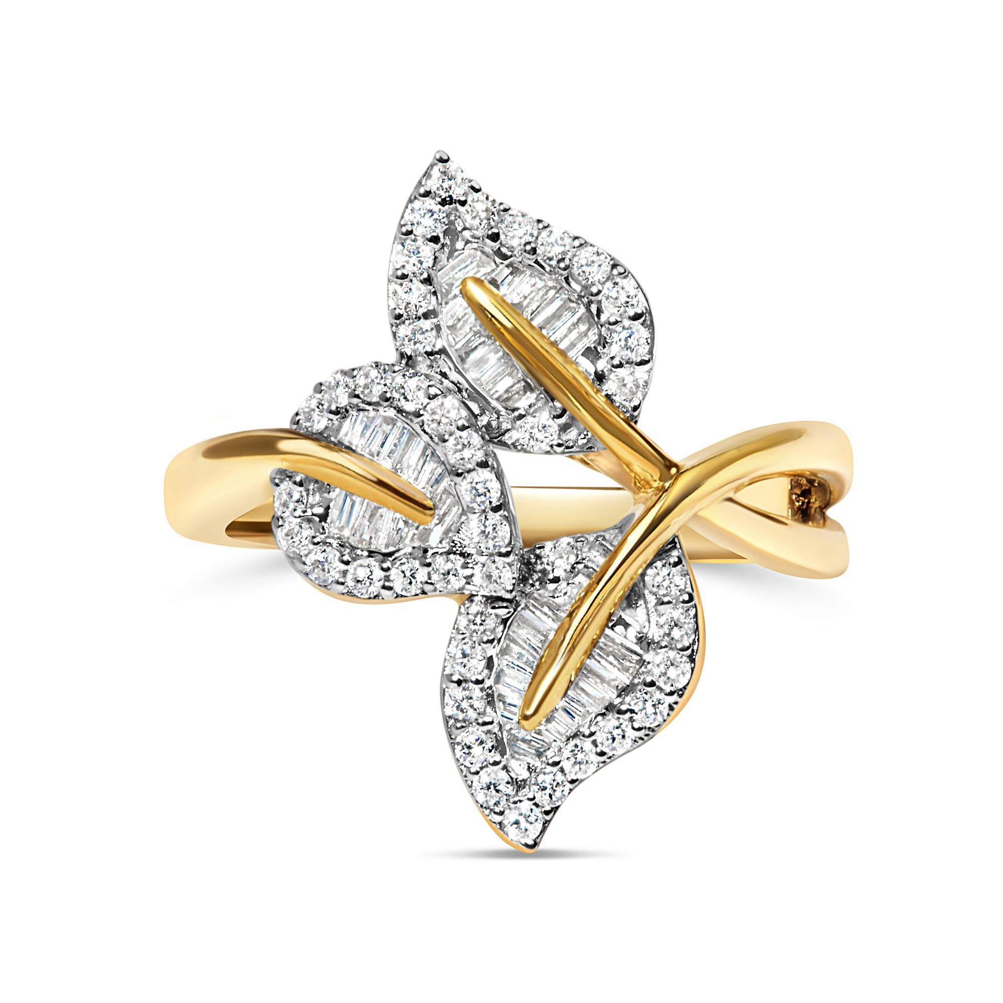 For Sale:  18K Yellow and White Gold Plated Silver 3/8 Cttw Diamond Bypass Triple Leaf Ring 3