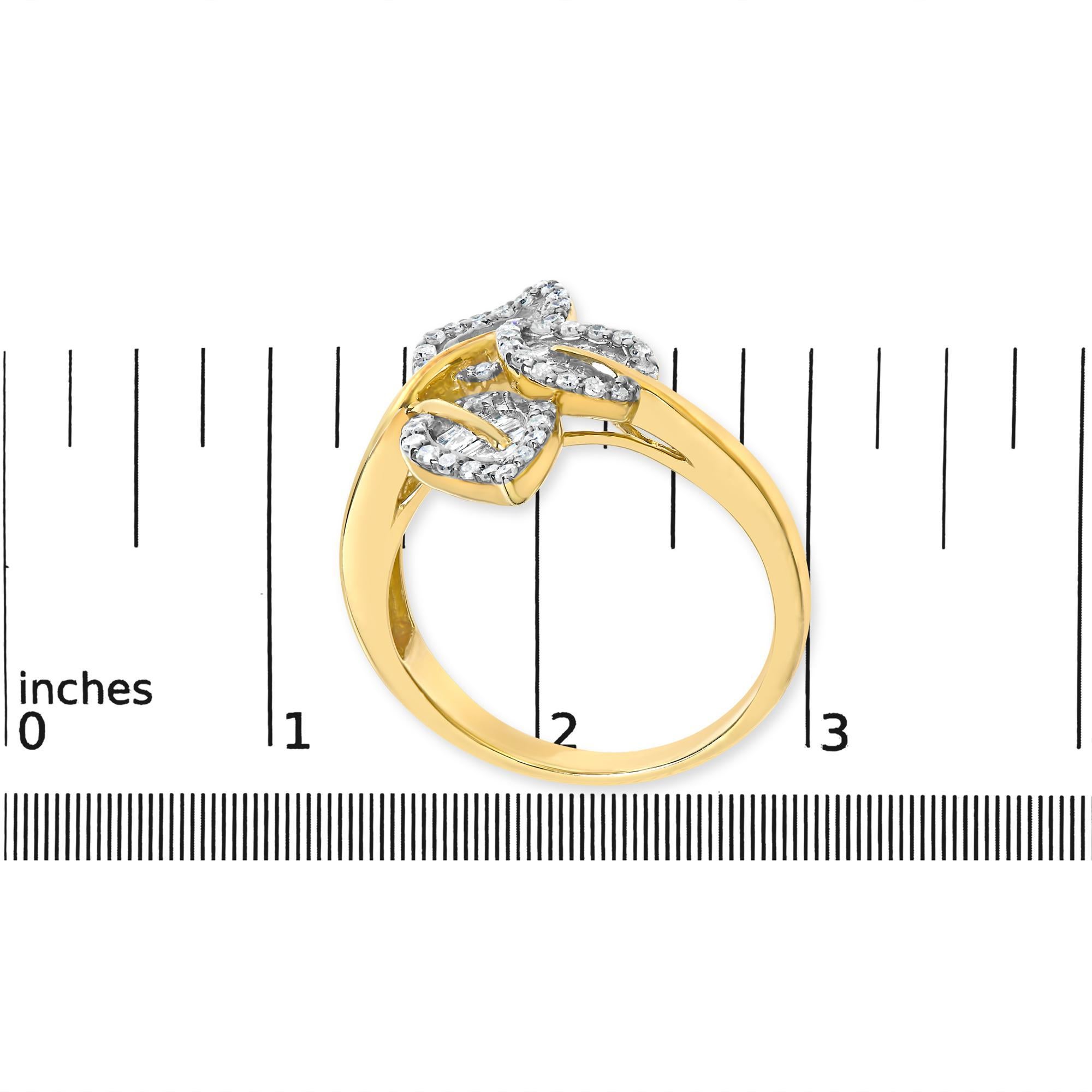 For Sale:  18K Yellow and White Gold Plated Silver 3/8 Cttw Diamond Bypass Triple Leaf Ring 4
