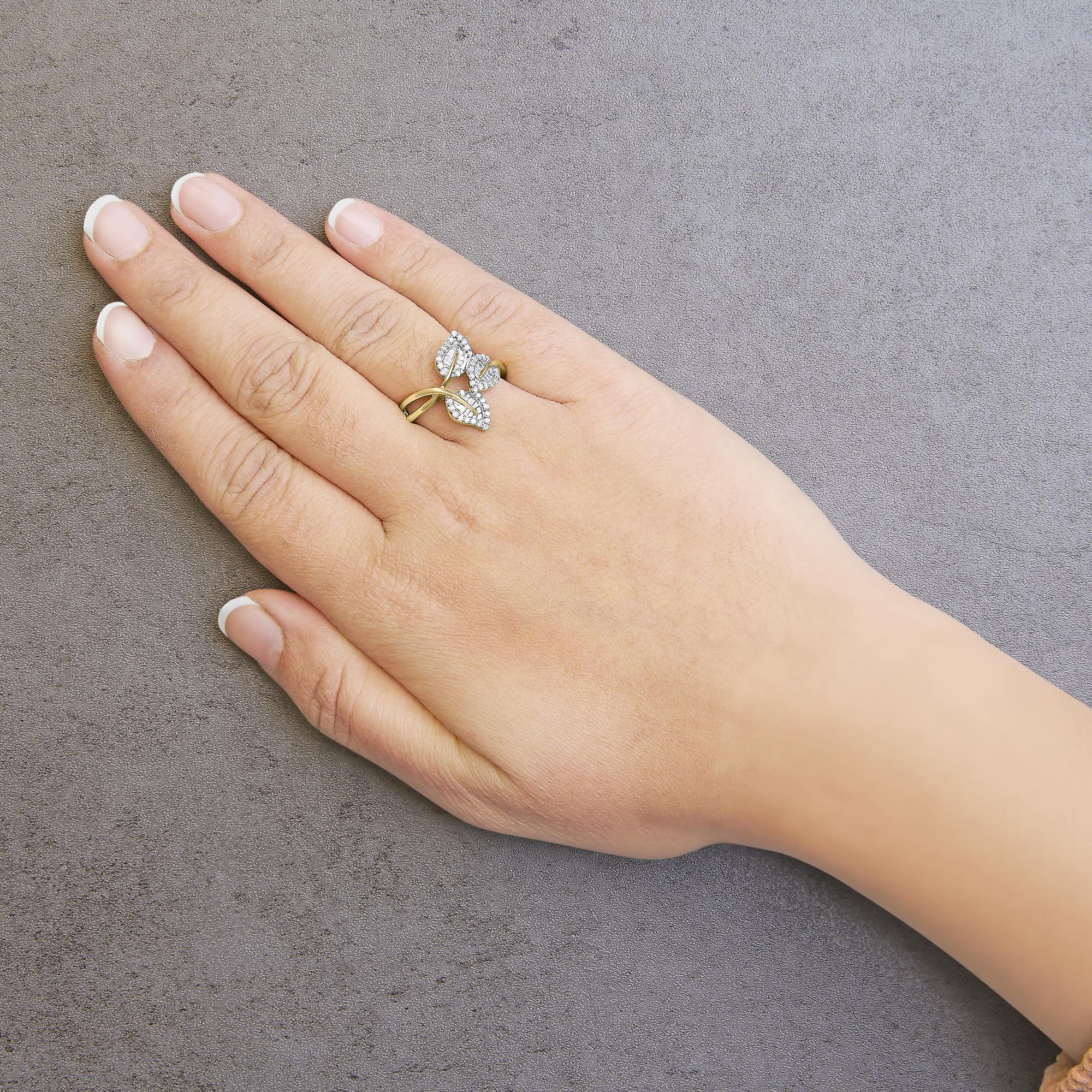 For Sale:  18K Yellow and White Gold Plated Silver 3/8 Cttw Diamond Bypass Triple Leaf Ring 5