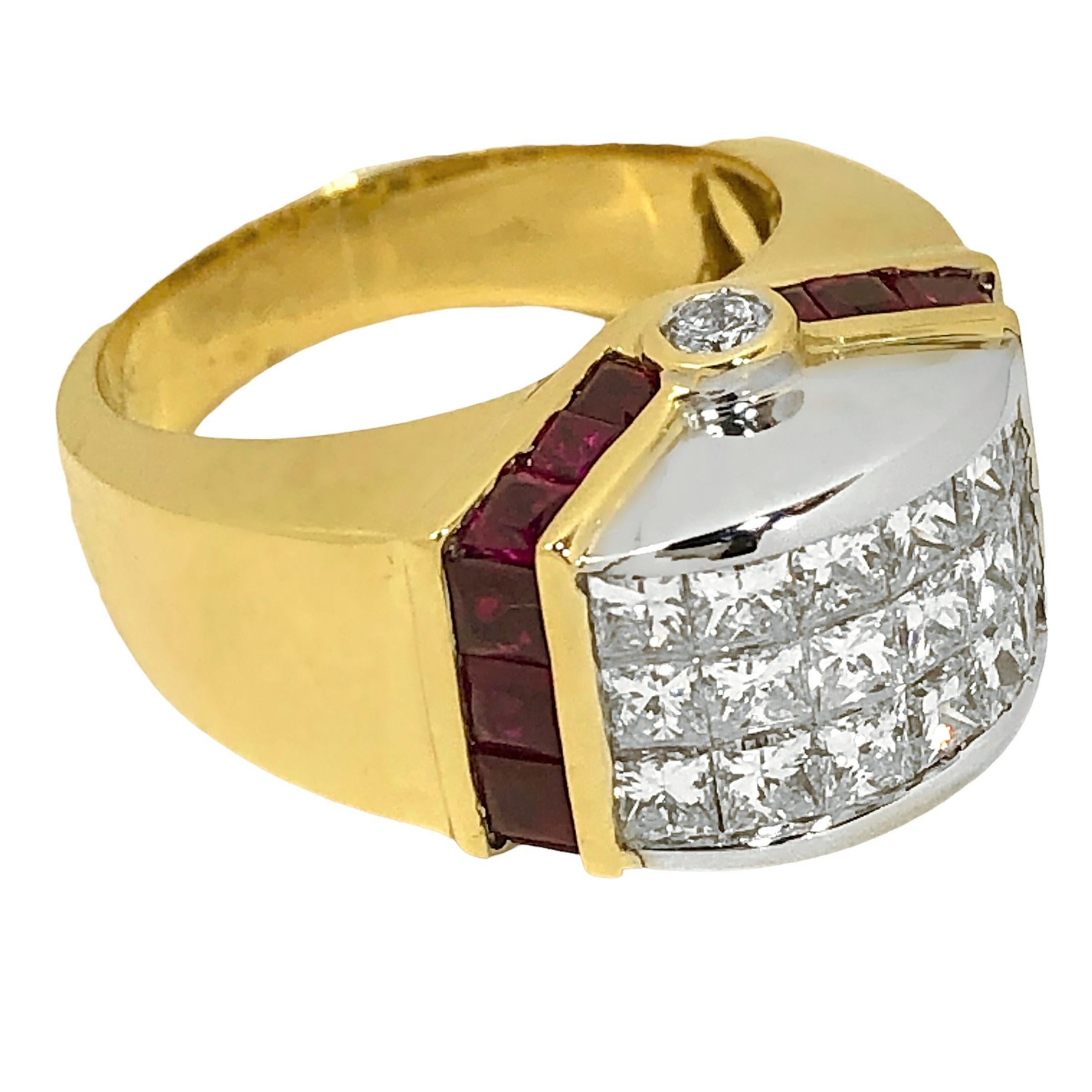 This very finely constructed 18k yellow and white gold Late-20th Century fashion ring is topped with a dome of eighteen invisible set Princess Cut diamonds. With all diamonds having a total approximate weight of 1.85ct of G color and VS1 clarity,