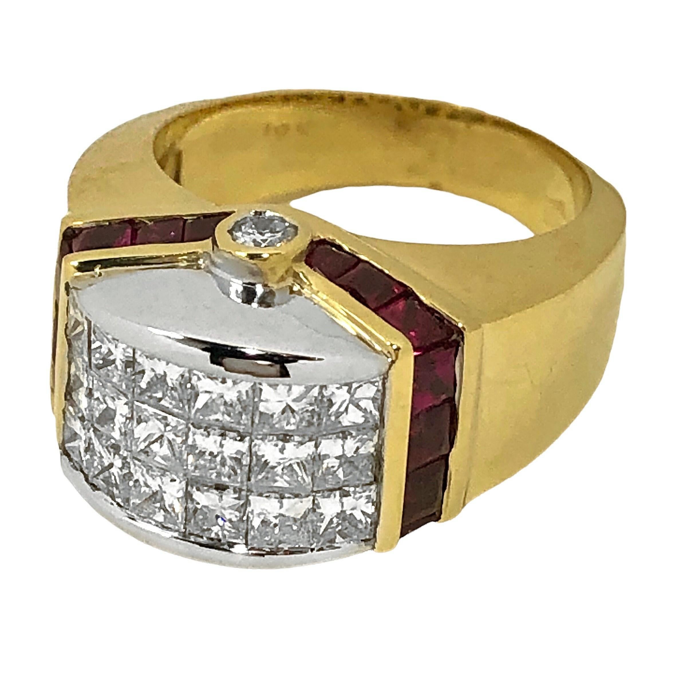 Modern 18K Yellow and White Gold, Ruby and Invisible Set Diamond Dome Ring For Sale
