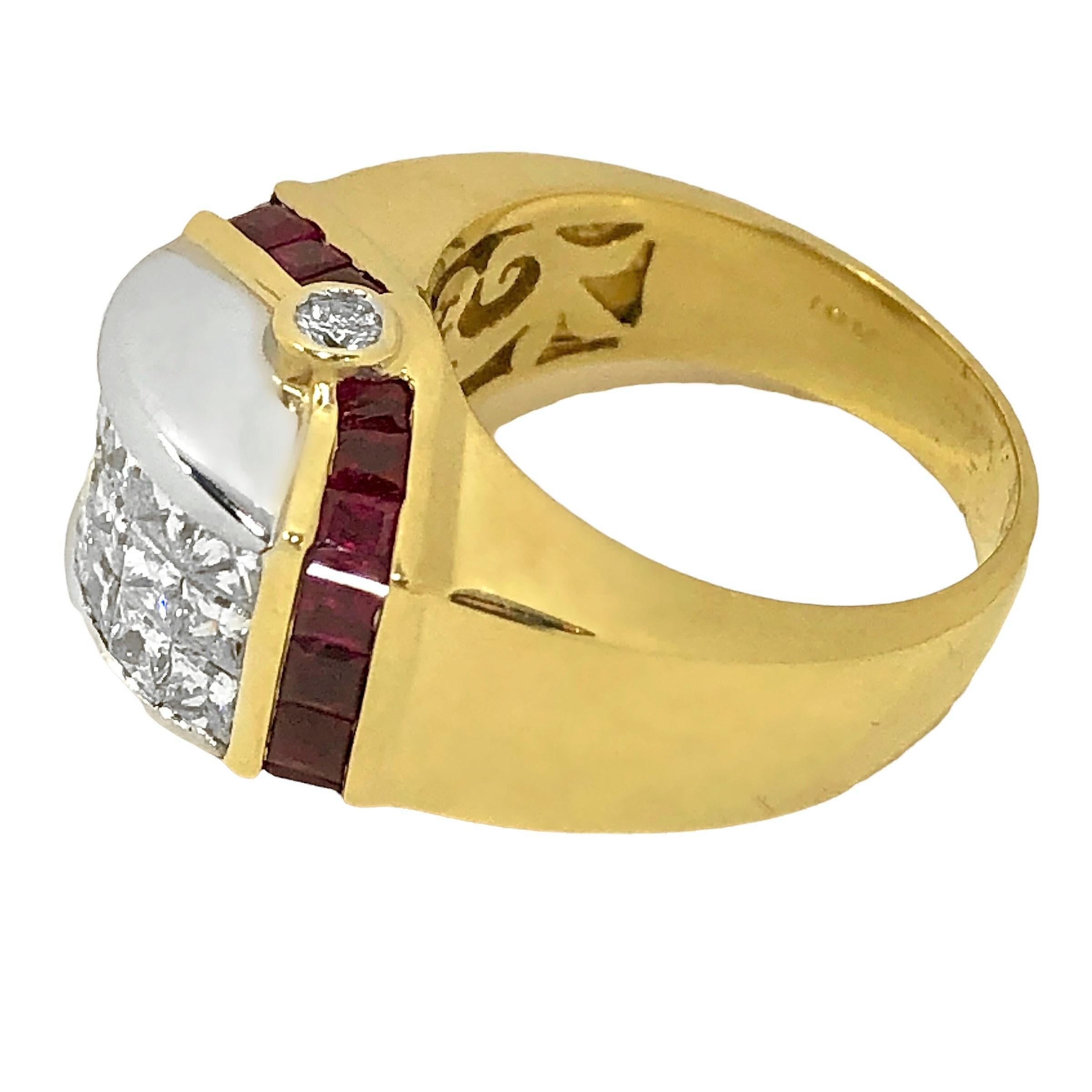 Princess Cut 18K Yellow and White Gold, Ruby and Invisible Set Diamond Dome Ring For Sale