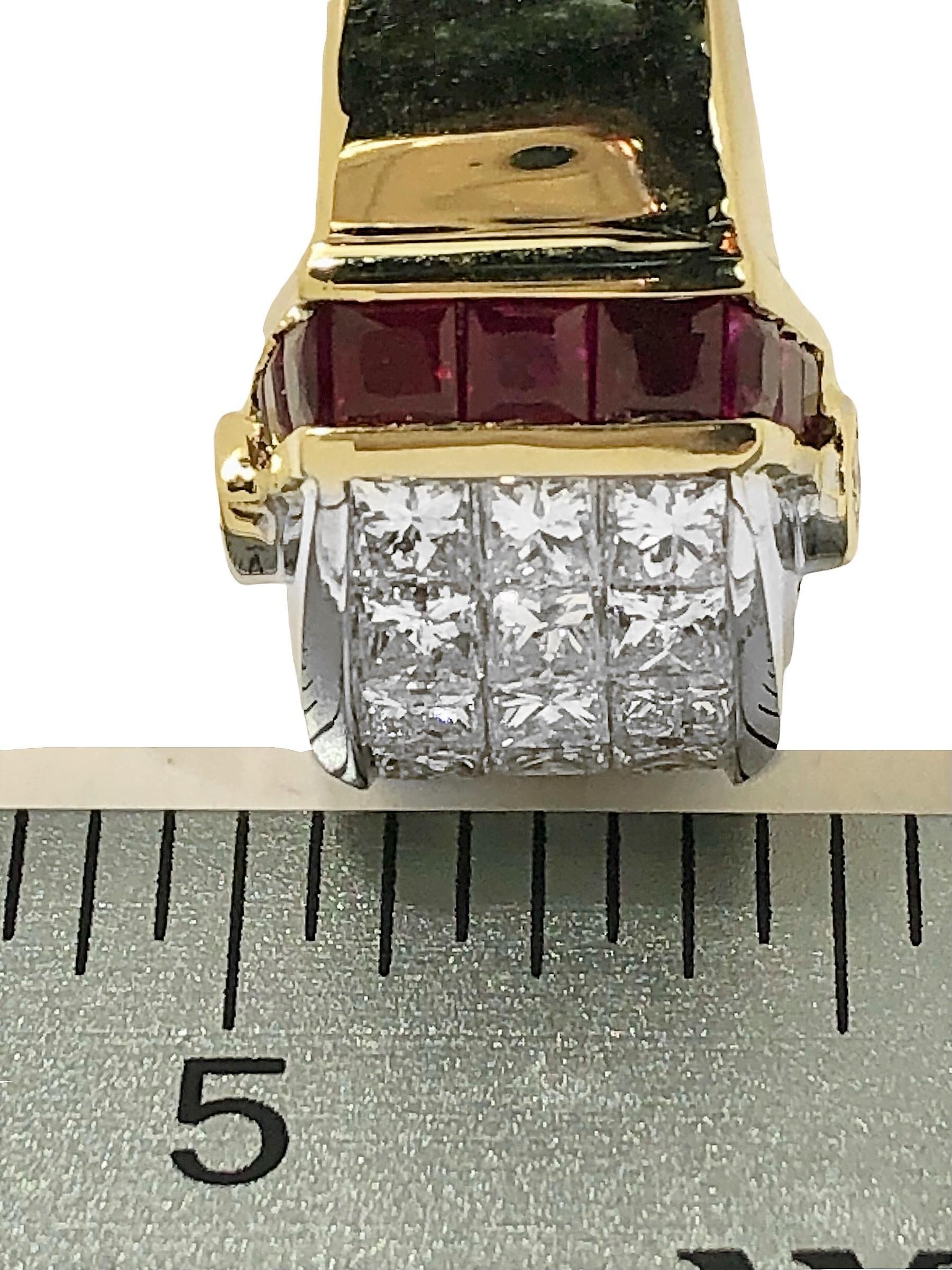 18K Yellow and White Gold, Ruby and Invisible Set Diamond Dome Ring For Sale 2