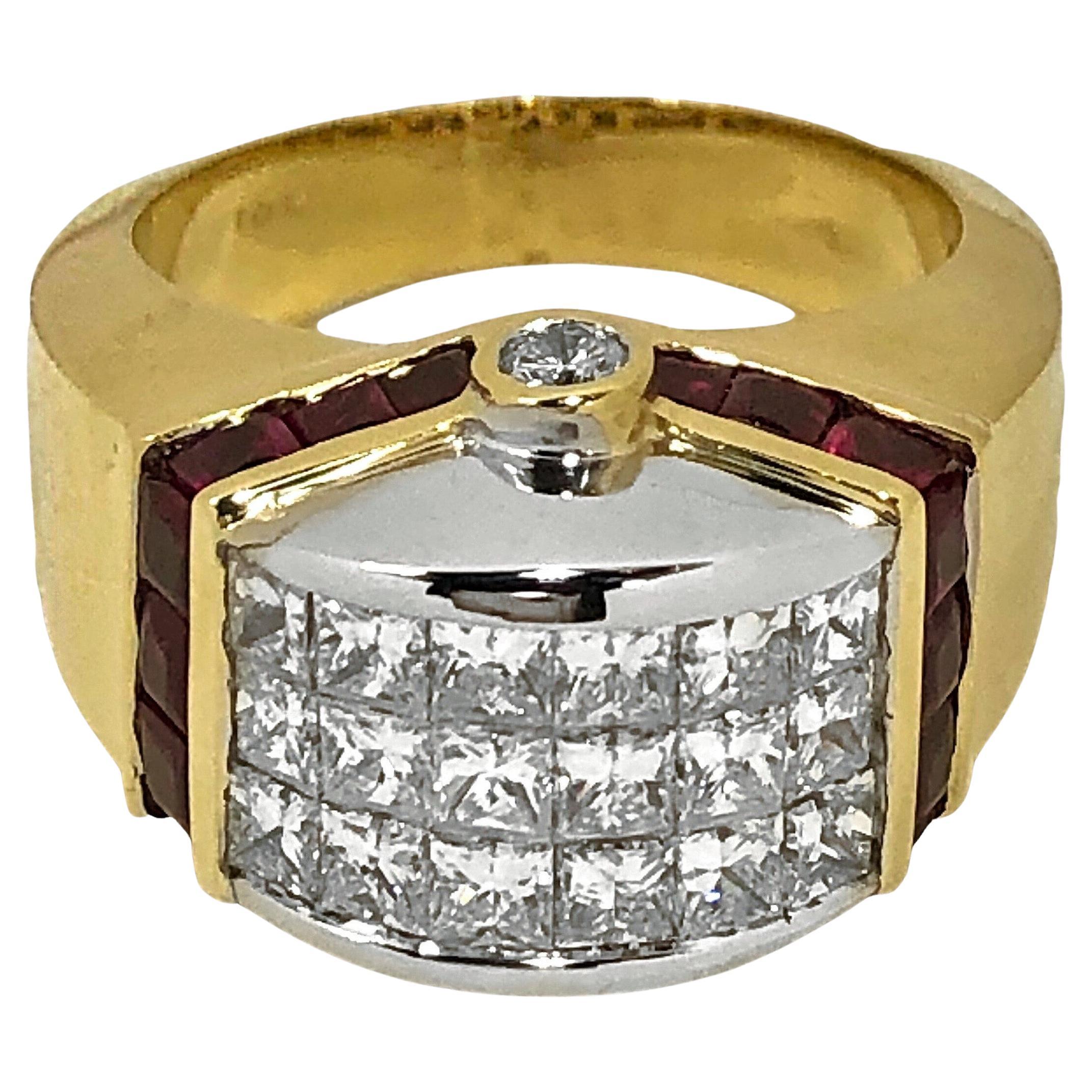18K Yellow and White Gold, Ruby and Invisible Set Diamond Dome Ring For Sale