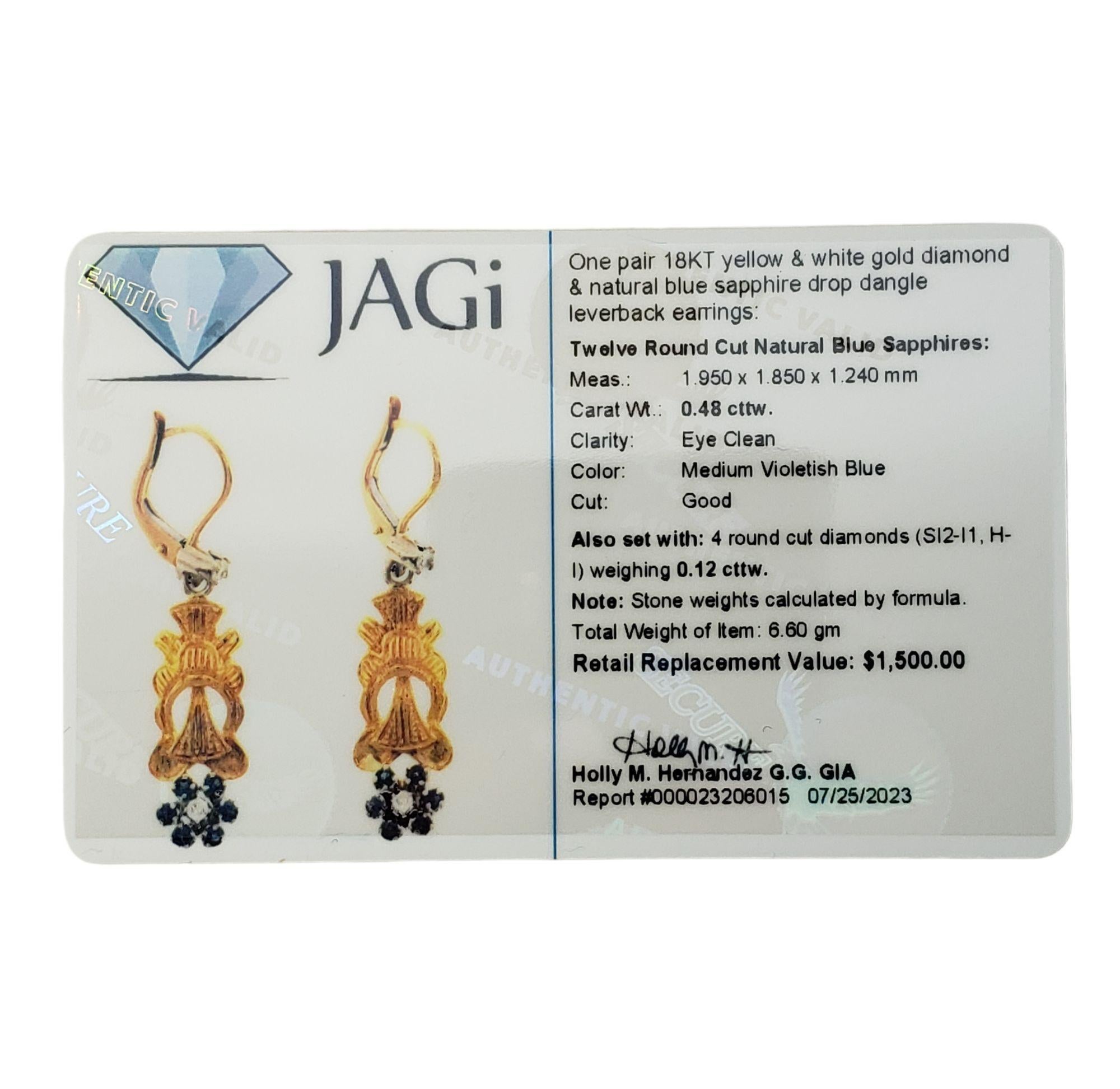 18K Yellow and White Gold Sapphire and Diamond Dangle Earrings #15261 For Sale 1