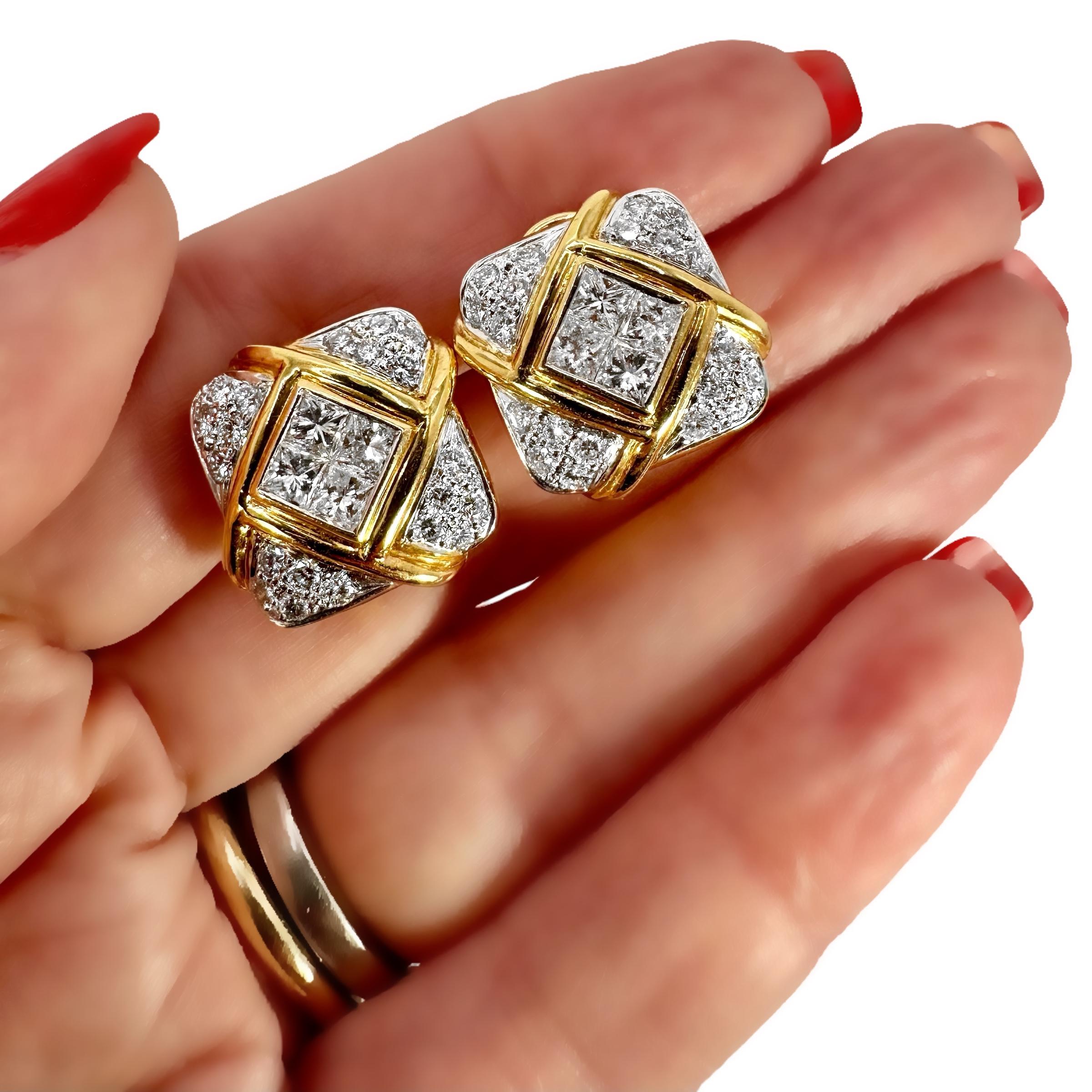 18K Yellow and White Gold Small Scale Cushion Shaped Earrings with Diamonds For Sale 6