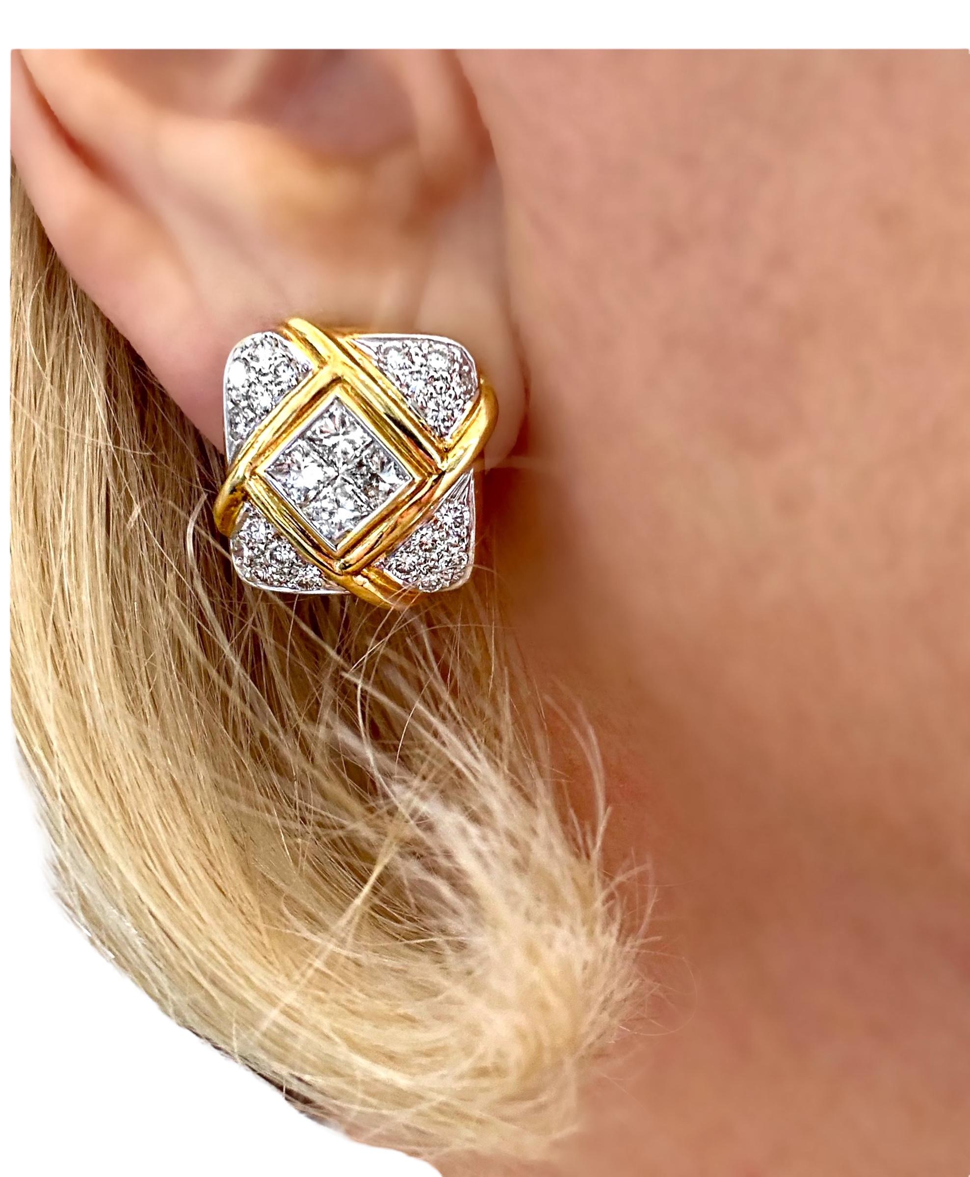 18K Yellow and White Gold Small Scale Cushion Shaped Earrings with Diamonds For Sale 7