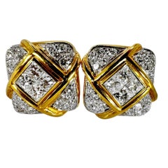 18K Yellow and White Gold Small Scale Cushion Shaped Earrings with Diamonds