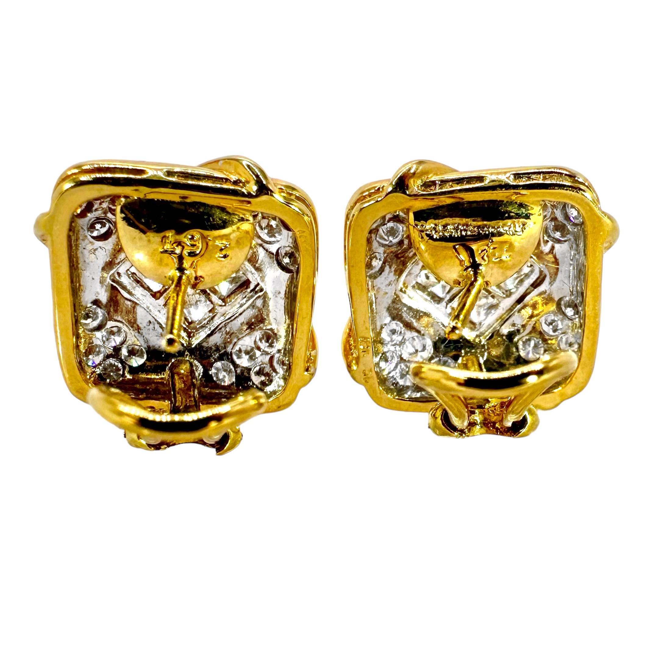 Princess Cut 18K Yellow and White Gold Small Scale Cushion Shaped Earrings with Diamonds For Sale