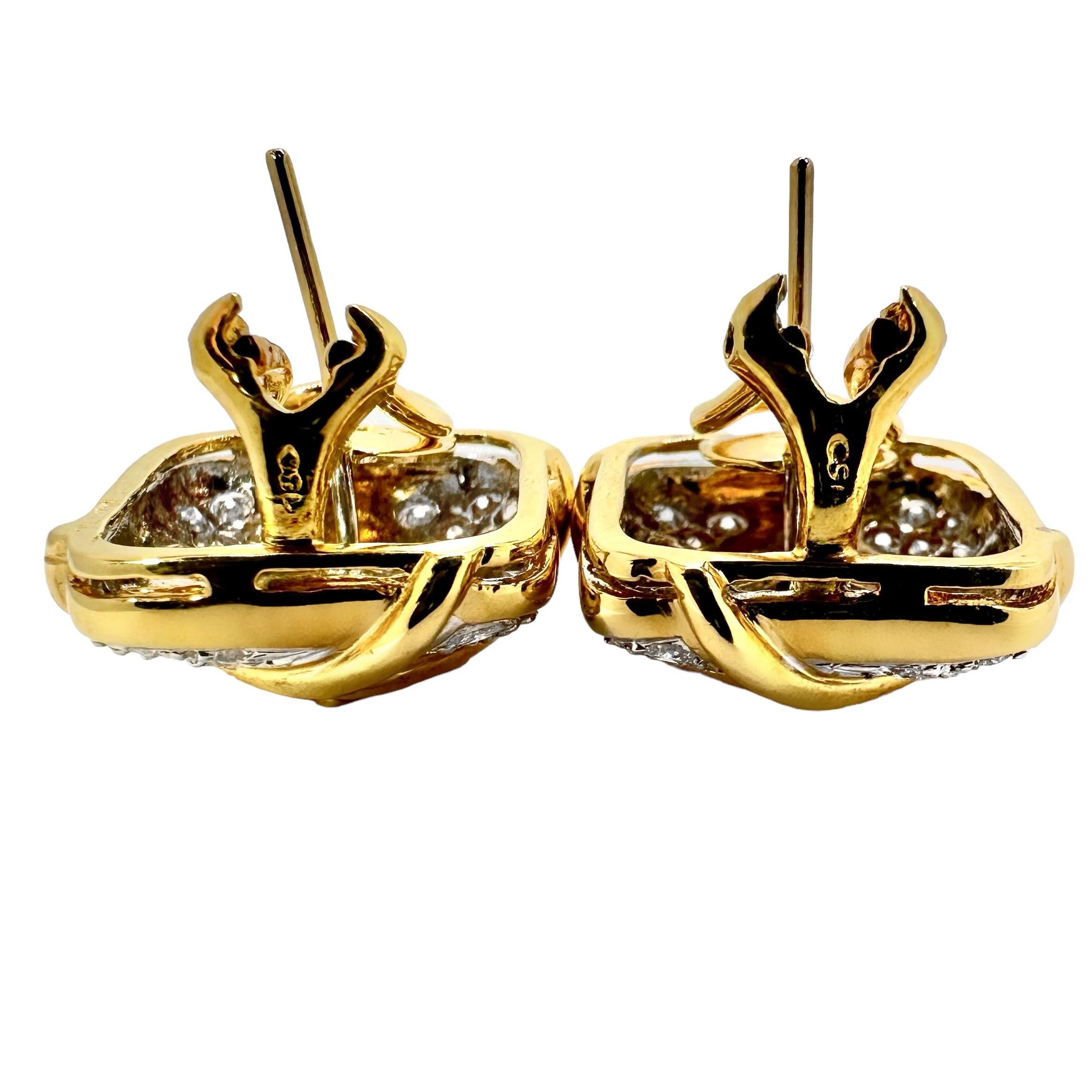 18K Yellow and White Gold Small Scale Cushion Shaped Earrings with Diamonds In Excellent Condition For Sale In Palm Beach, FL