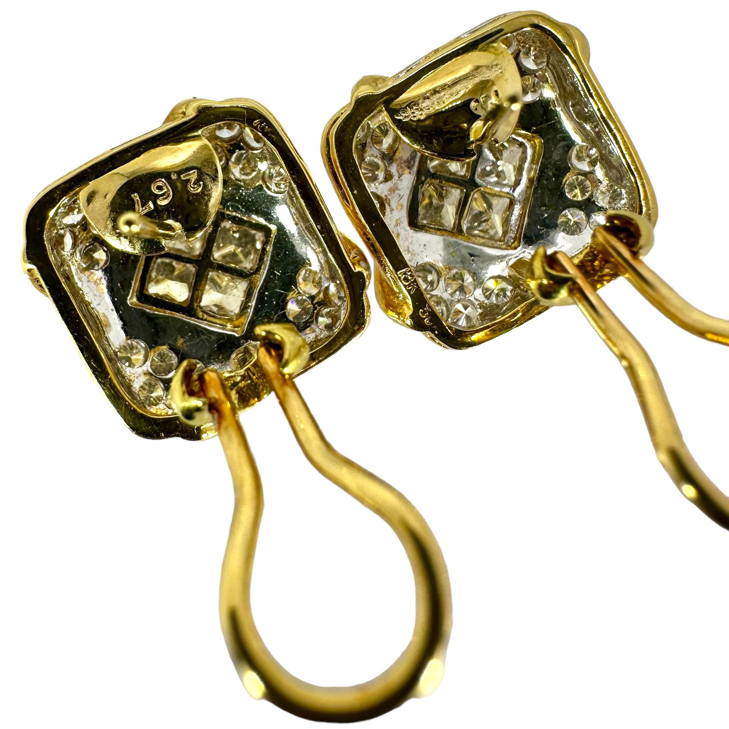 18K Yellow and White Gold Small Scale Cushion Shaped Earrings with Diamonds For Sale 1