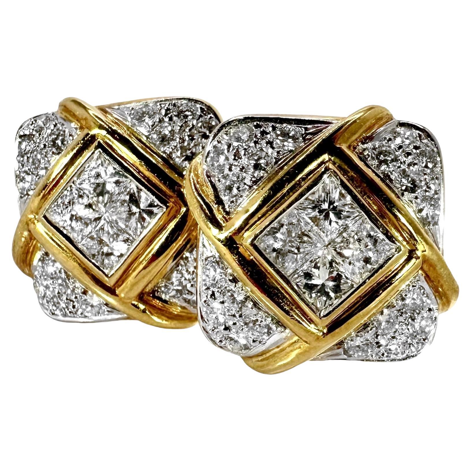 18K Yellow and White Gold Small Scale Cushion Shaped Earrings with Diamonds For Sale