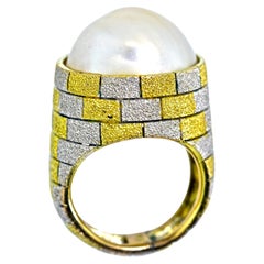 18K Yellow and White Gold Vintage Ring Centering a Large Mabe Pearl, C 1965