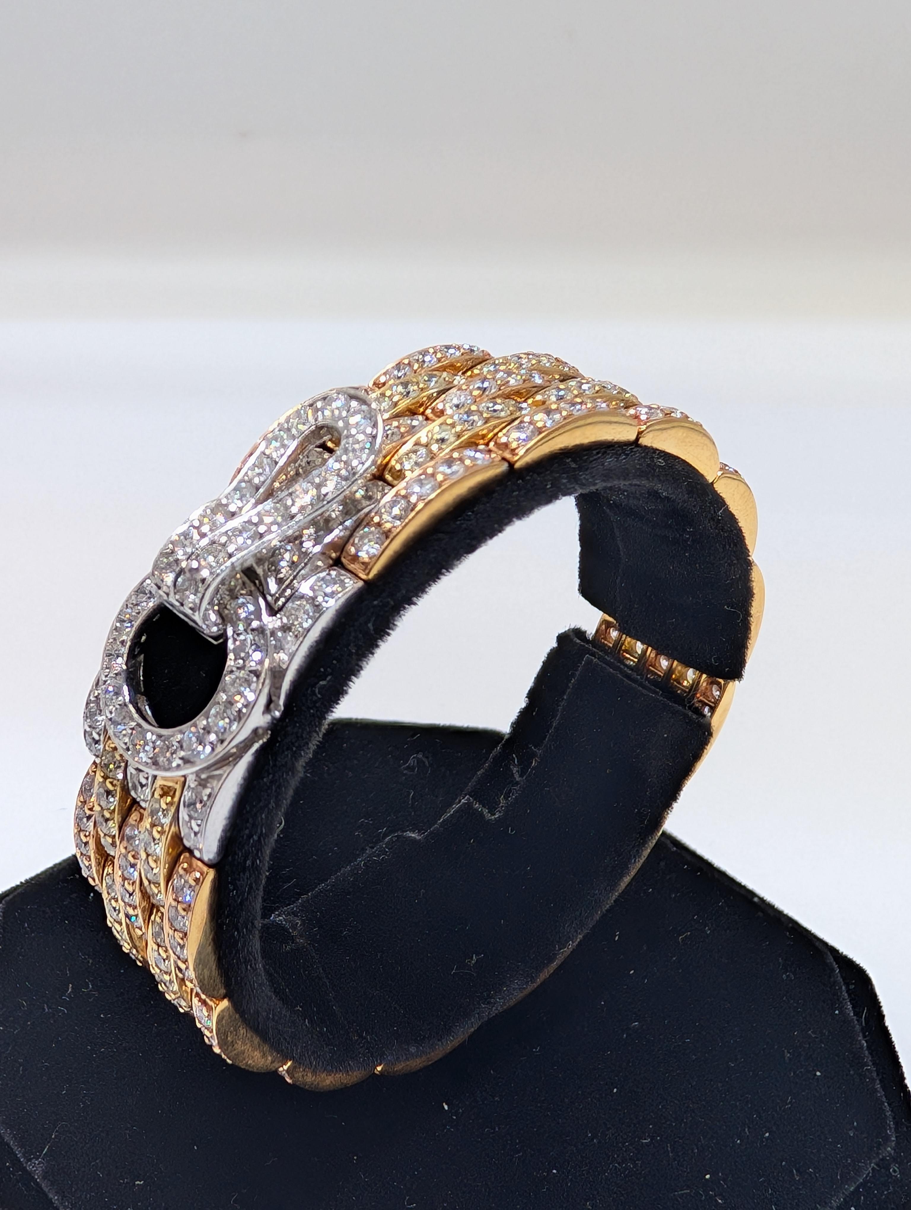 Round Cut 18K Yellow and White Gold Wide Bracelet Featuring 13.67ct in Round cut Diamonds For Sale