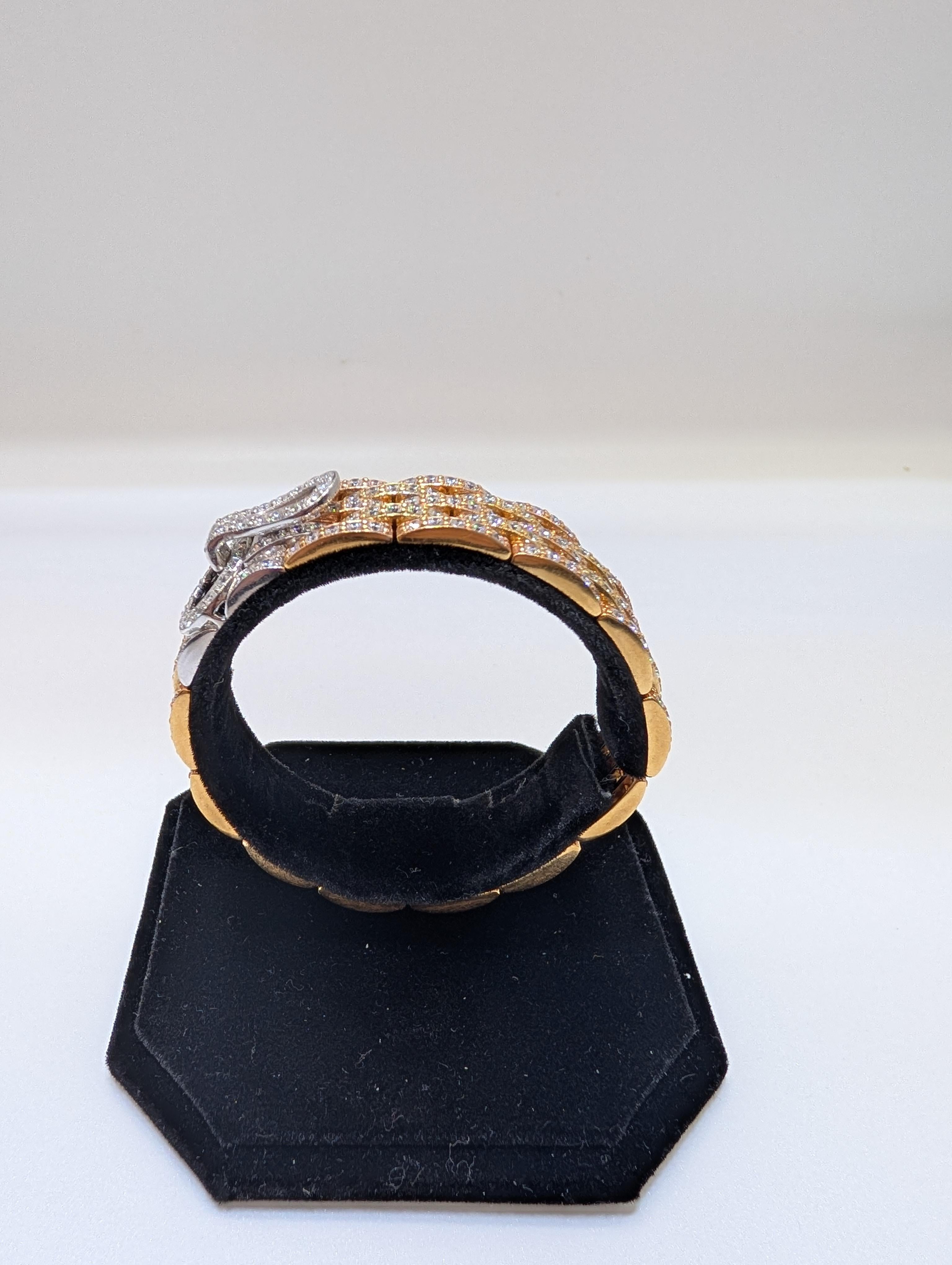 Women's 18K Yellow and White Gold Wide Bracelet Featuring 13.67ct in Round cut Diamonds For Sale
