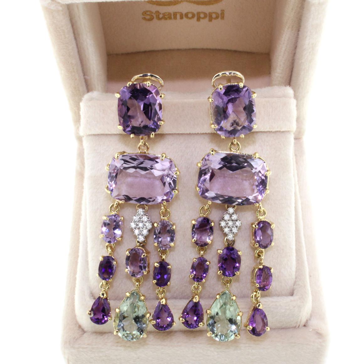 Oval Cut 18k Yellow and White Gold with Amethyst Prasiolite and White Diamonds Earrings For Sale