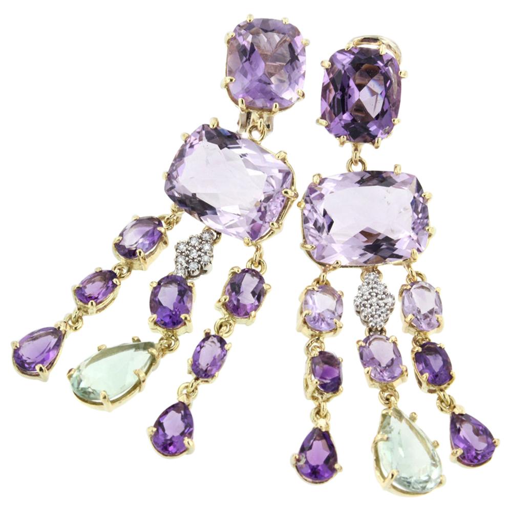 18k Yellow and White Gold with Amethyst Prasiolite and White Diamonds Earrings For Sale