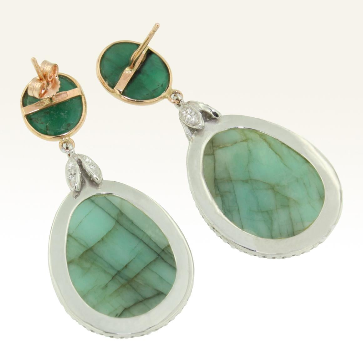 Modern 18 Karat Yellow and White Gold with Emerald Root and White Diamond Earrings For Sale