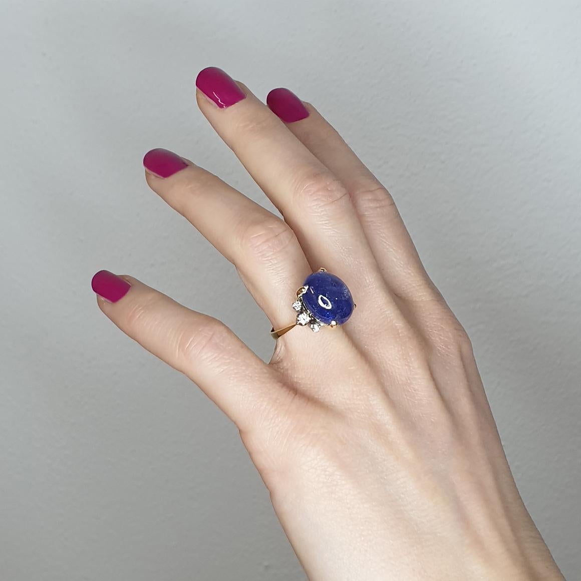 Simple, elegant, modern, unique. Handmade in Italy by Stanoppi Jewellery since 1948.
Cocktail ring in 18k yellow and white gold with Tanzanite (oval cabochon cut, size: 12x15mm  cts 11.80) and white Diamonds cts 0,18 VS colour G/H.  g.8,00

Size of