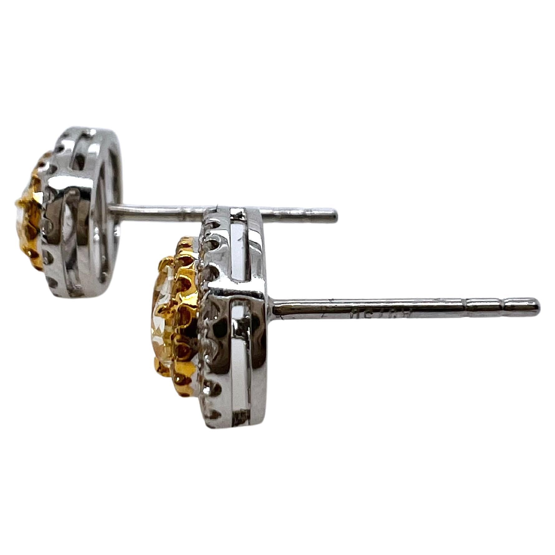 Contemporary 18k Yellow and White Gold with Yellow and White Diamonds Stud Earrings For Sale