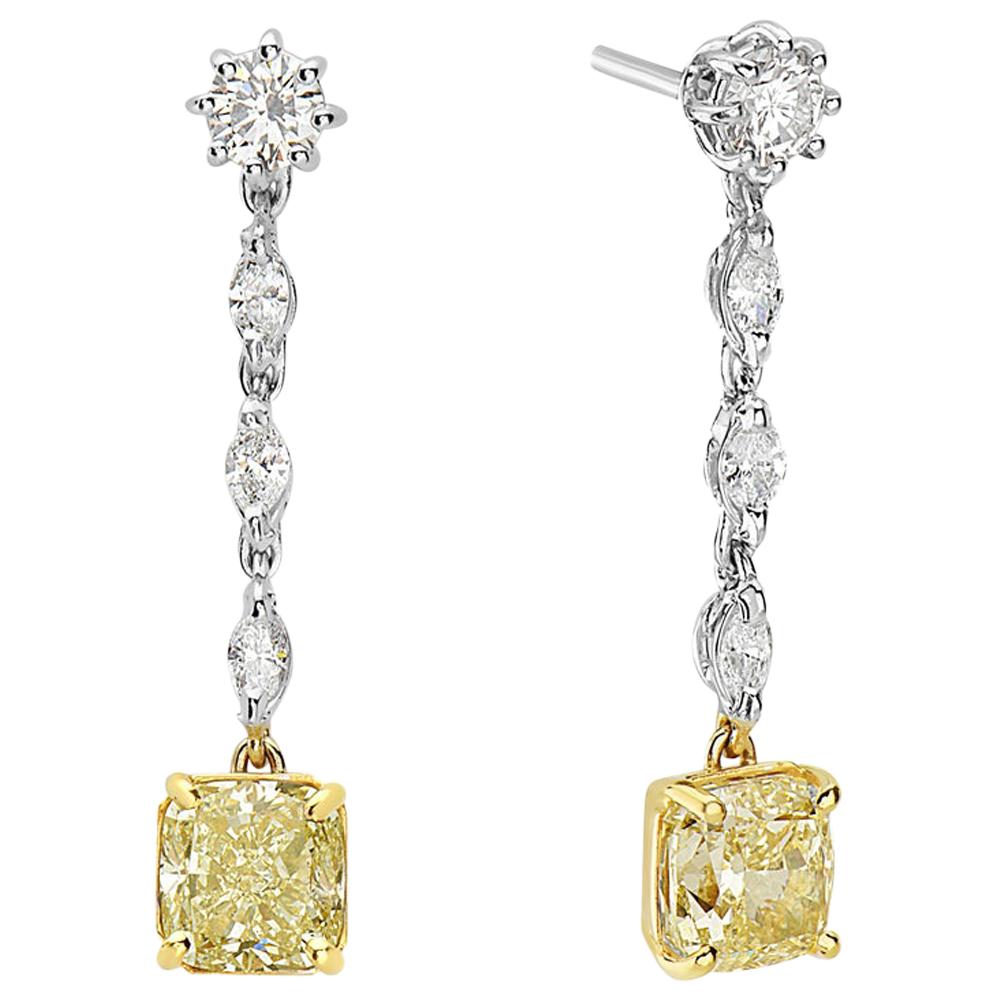 18 Karat Yellow and White Gold Yellow Diamond Dangle Earrings