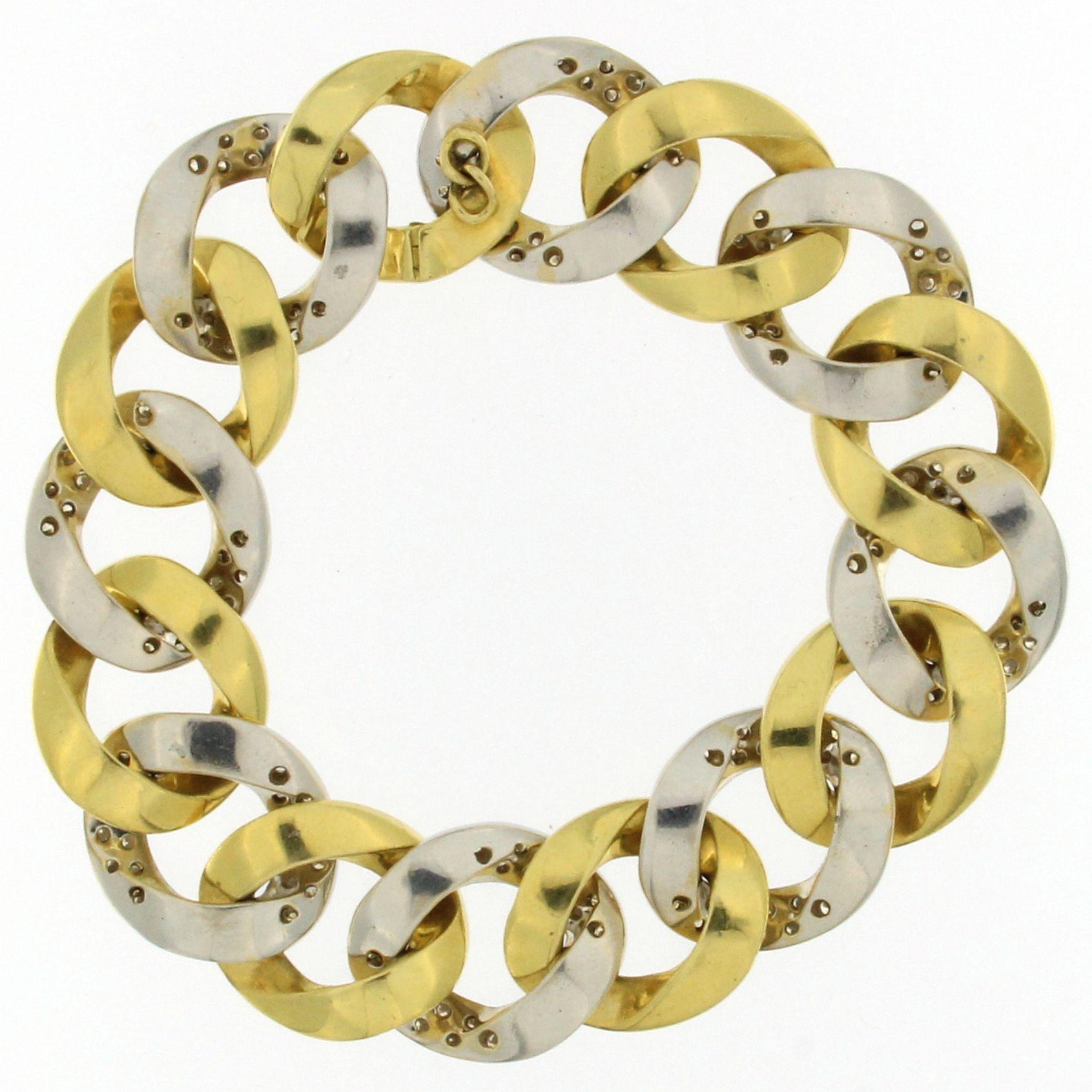 Taille brillant Bracelet massif en or jaune et blanc 18 carats avec diamants en vente