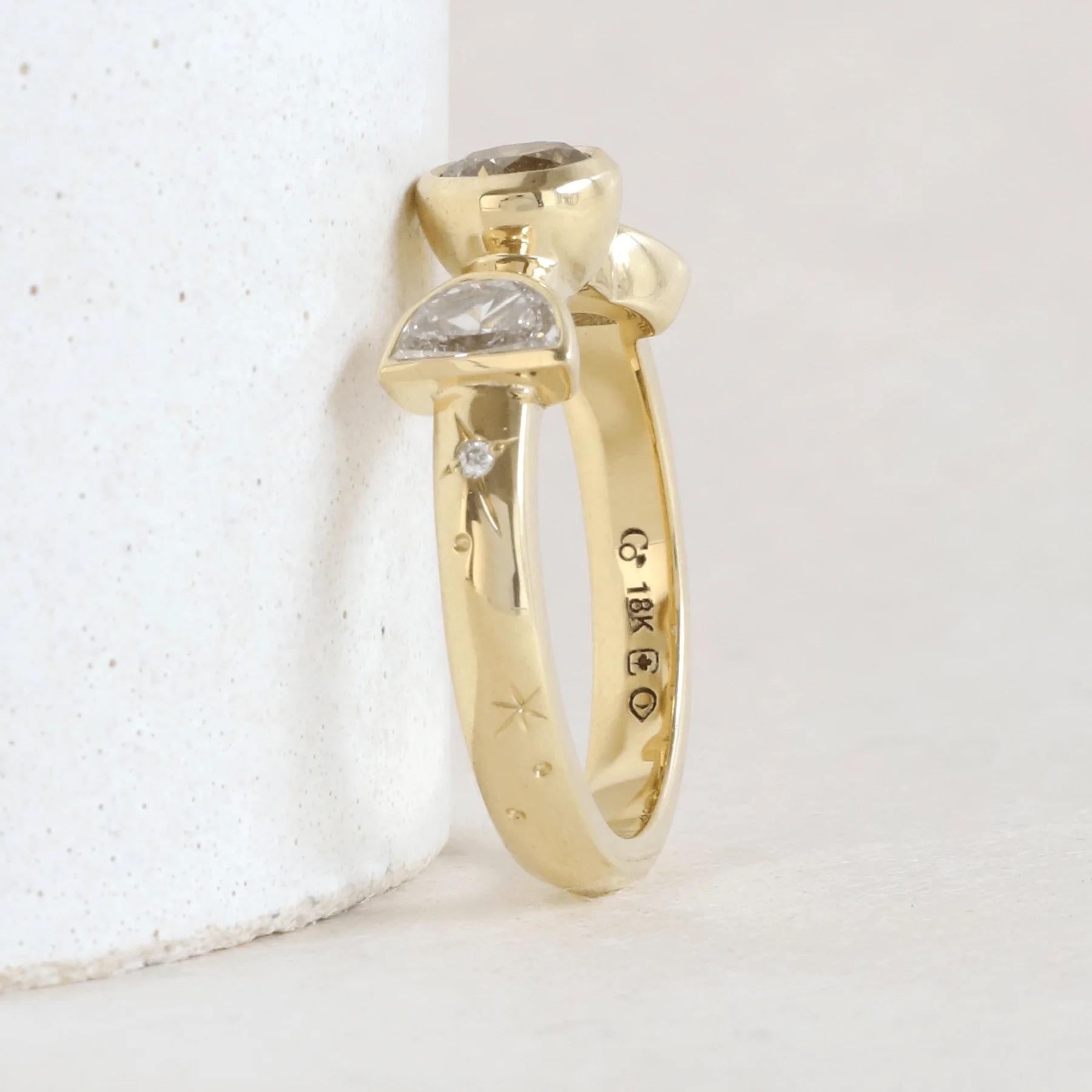 Women's or Men's 18k Yellow Bezel Diamond Ring, Brown Diamond & Half-Moons, Hand Engraved Stars  For Sale