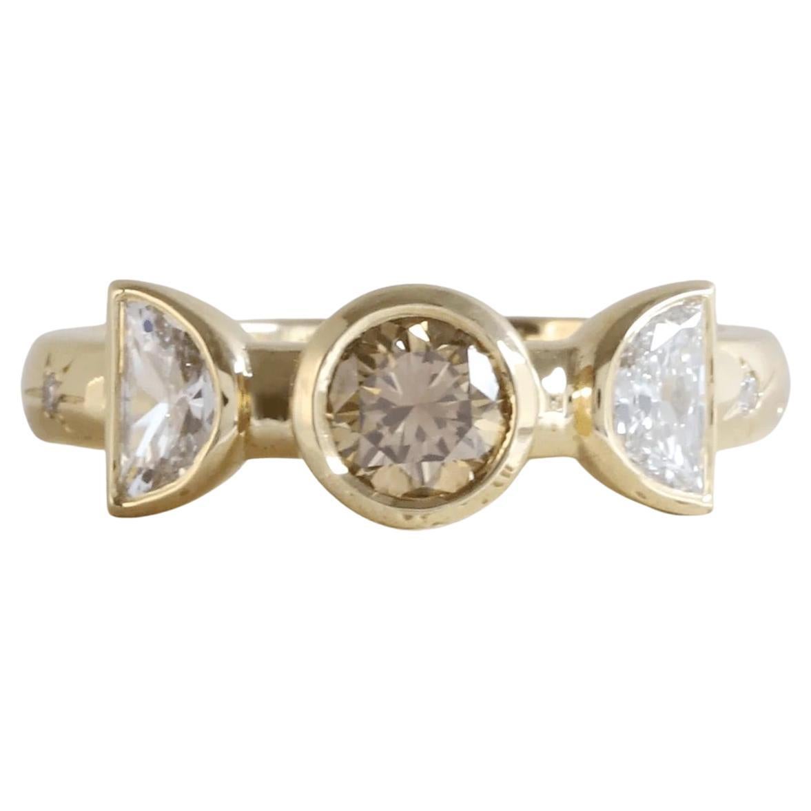 18k Yellow Bezel Diamond Ring, Brown Diamond & Half-Moons, Hand Engraved Stars  For Sale