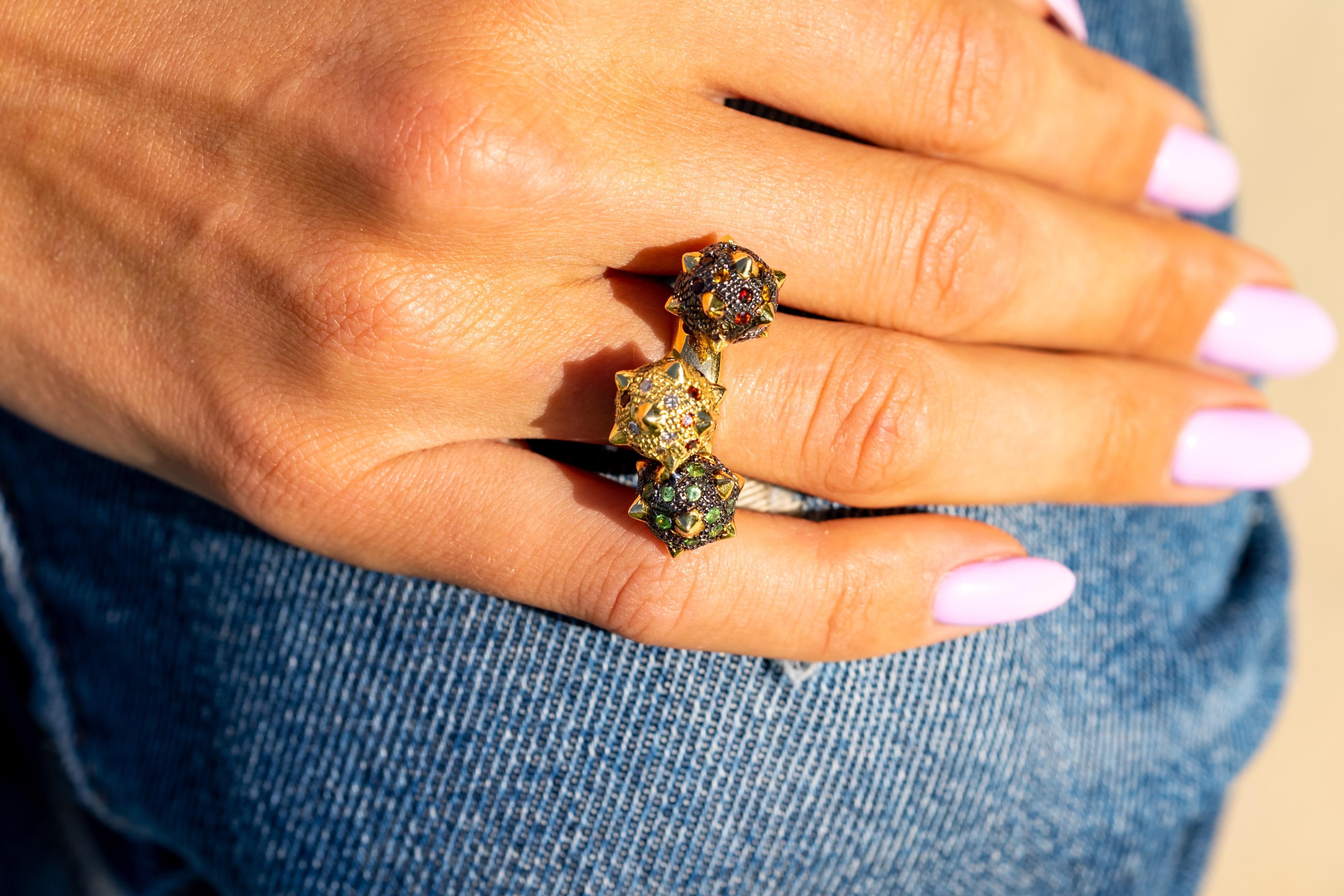 Women's or Men's 18K Yellow Blackened Gold and Multicoloured Gemstone, Spiked Sphere Kinetic Ring For Sale