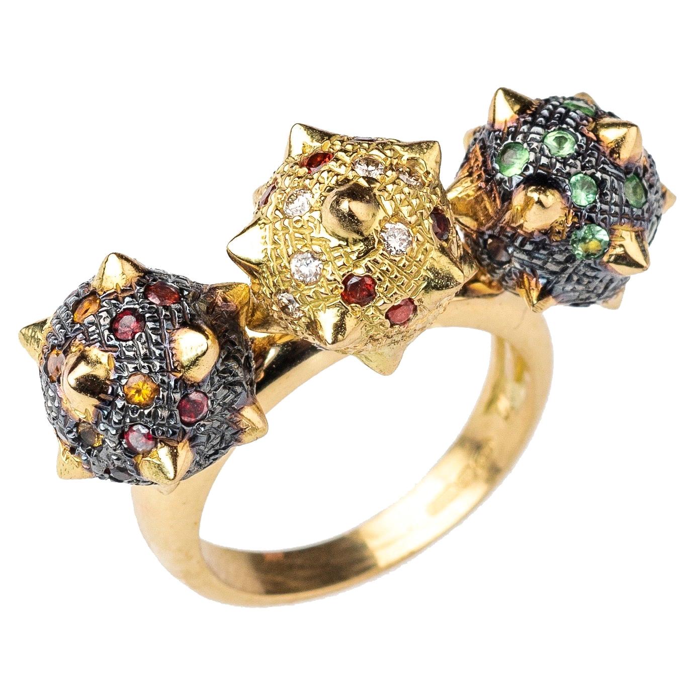 18K Yellow Blackened Gold and Multicoloured Gemstone, Spiked Sphere Kinetic Ring