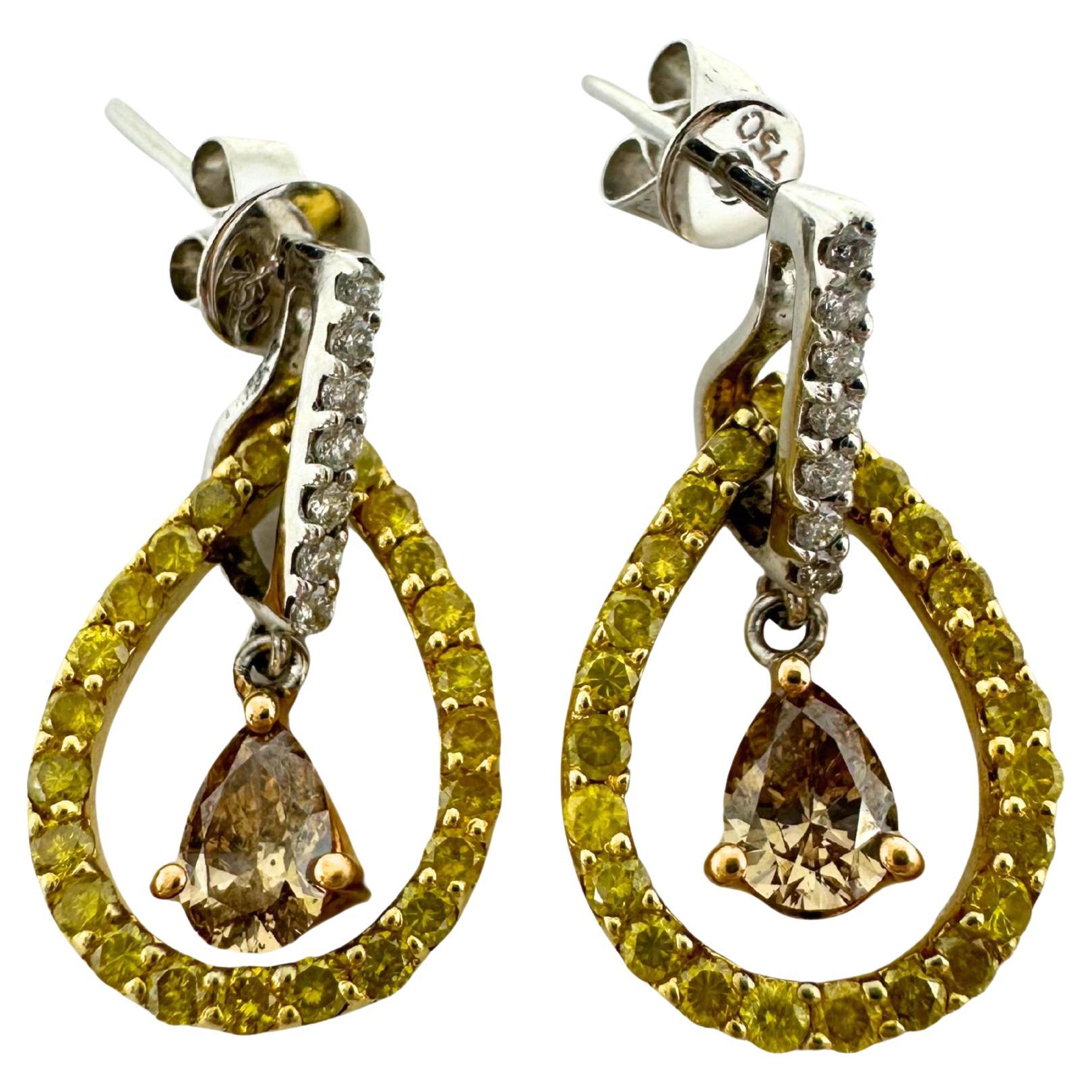 18K Yellow, Brown and White Diamond Earrings