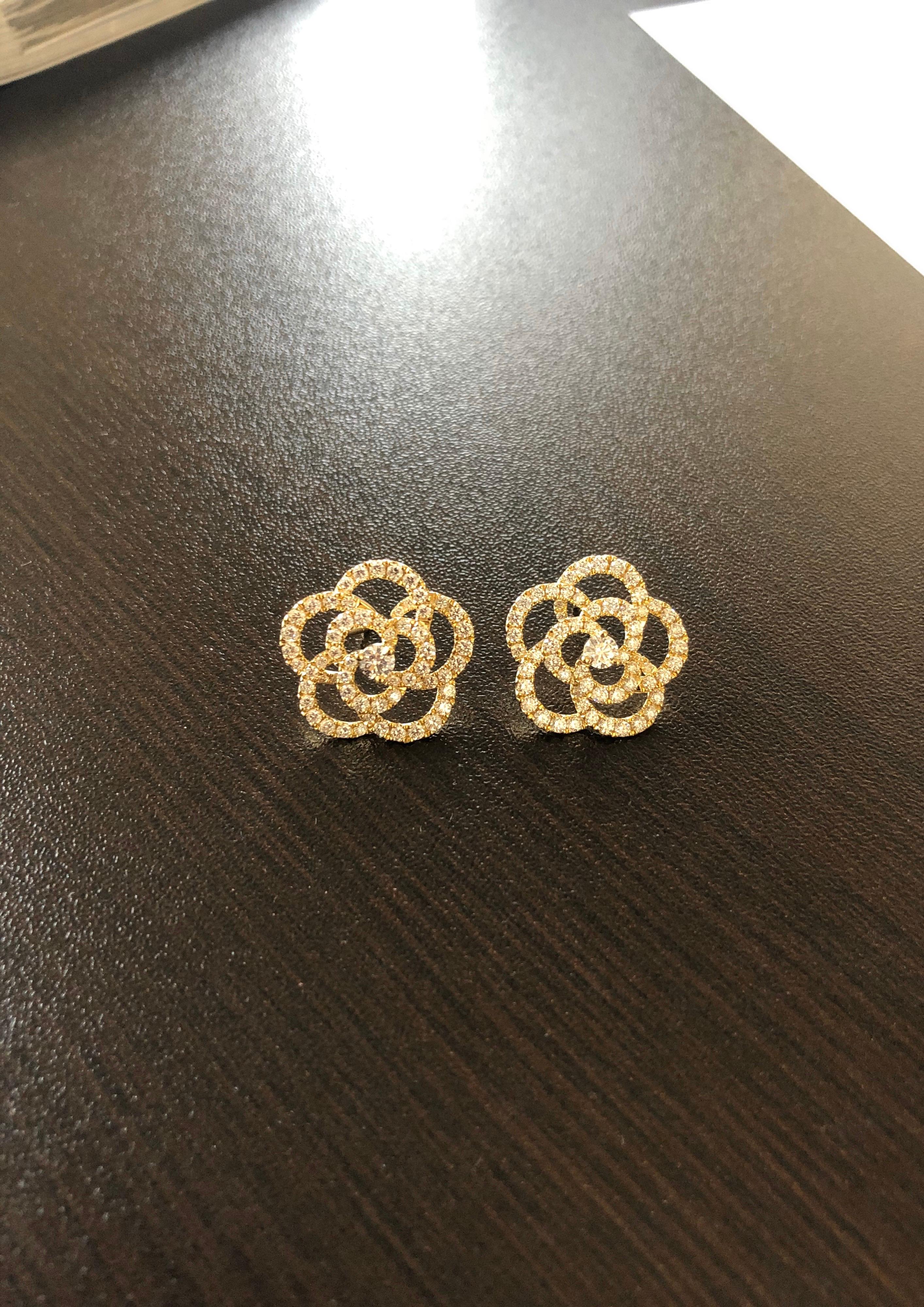 Italian made diamond Earrings set in 18K yellow gold. The carat weight of the earrings is 1.96. The color of the stones are F-G, the clarity is VS1-VS2. The earrings are available in 18K white and rose gold.