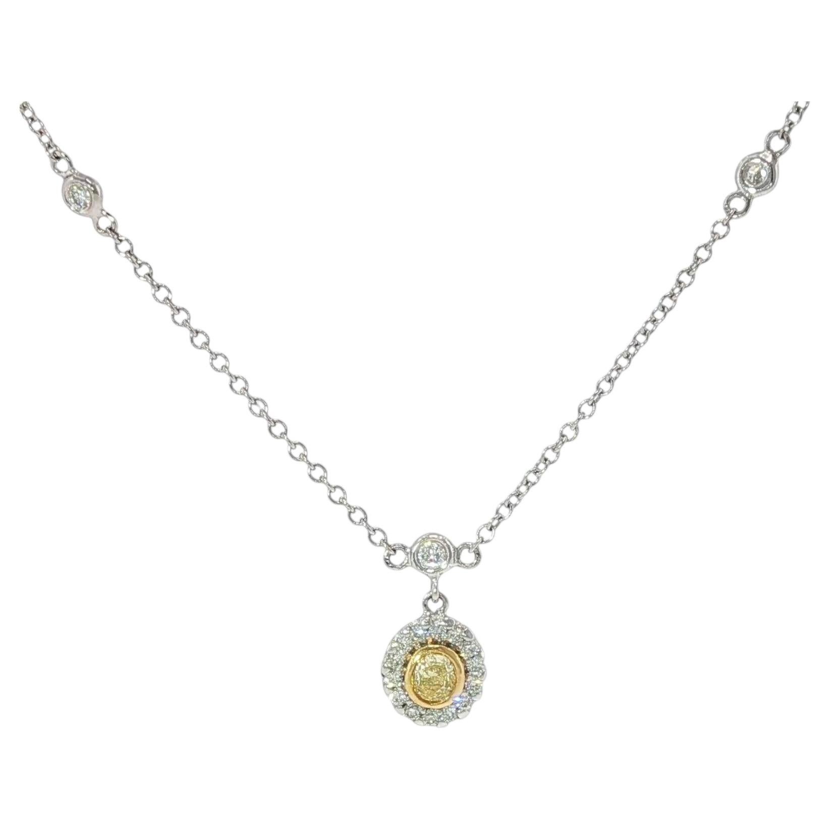Collar Colgante Halo Diamante Amarillo 18K Cadena Estación Diamante Oro Blanco