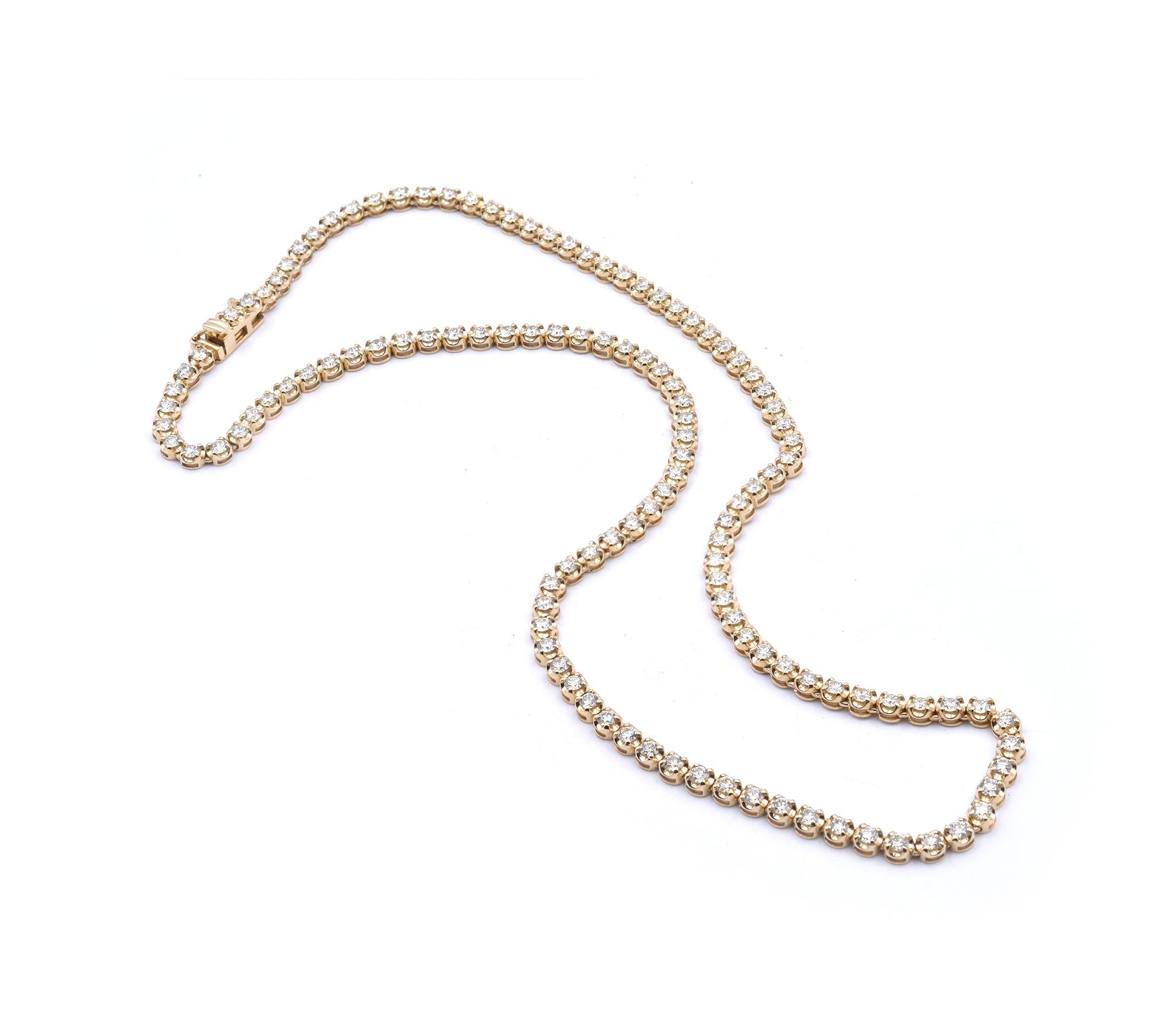 Designer: custom designed
Material: 14k yellow gold
Diamonds: round brilliant cut= 5.50cttw
Color: I-J
Clarity: SI
Dimensions: necklace is 16.75-inches long and it is approximately 3.45mm wide
Weight: 14.36 grams