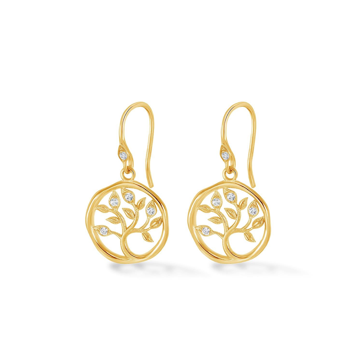 Round Cut 18k Yellow Diamond Tree of Life Talisman Earrings For Sale