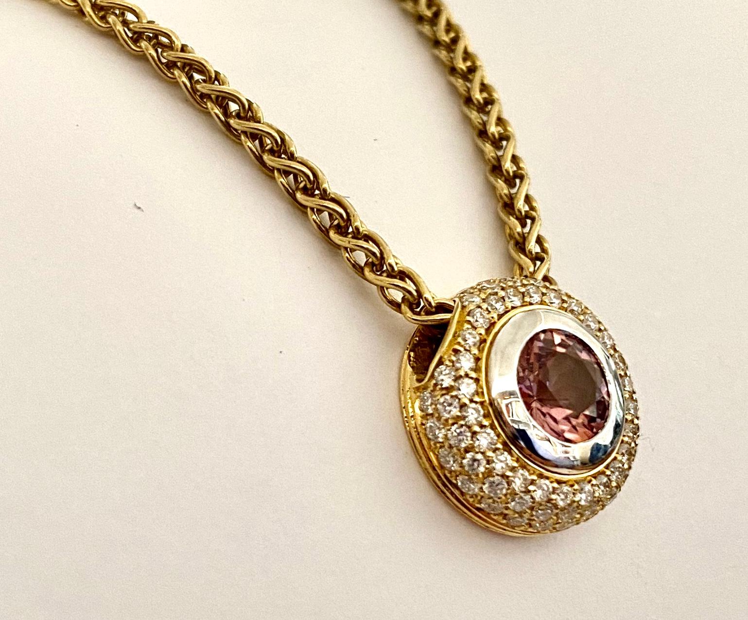 Rose Cut 18K Yellow en White Gold Pendant with Chain, Rose Tourmaline and 66 Diamonds For Sale