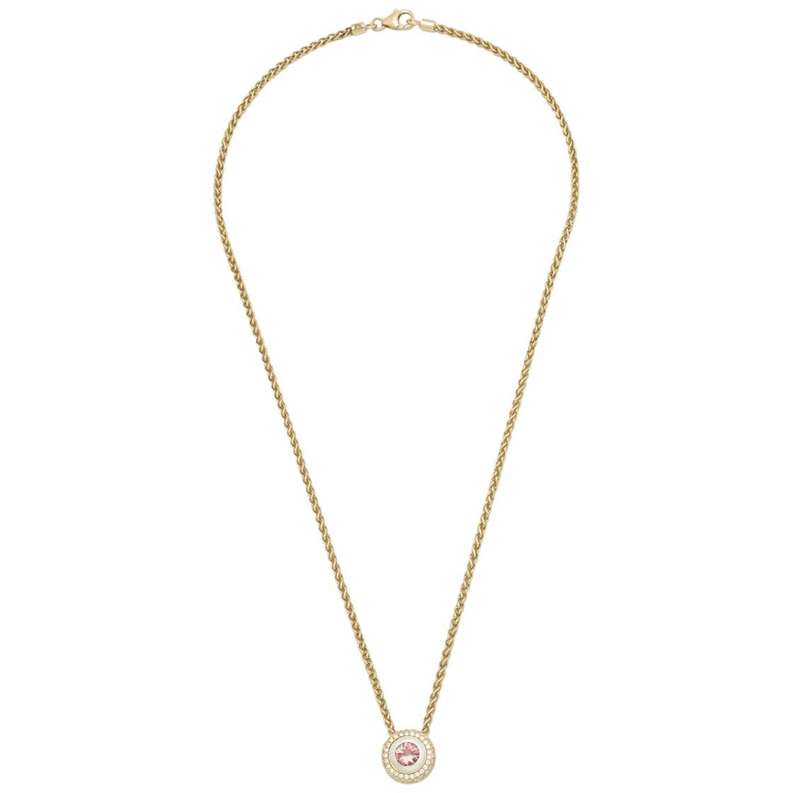 18K Yellow en White Gold Pendant with Chain, Rose Tourmaline and 66 Diamonds For Sale