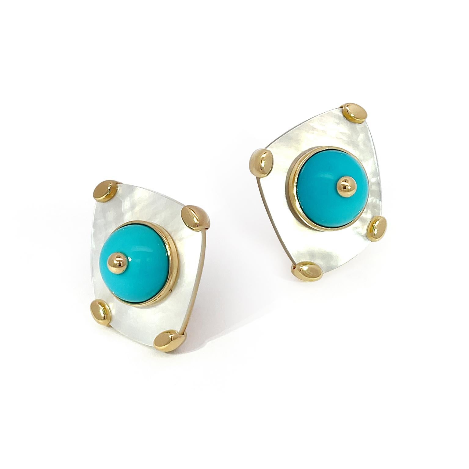 Mother of pearl and turquoise accentuate one another in these earrings. Secured by 18k yellow gold prongs, the Mother of Pearl serves the softly tilted base, showing an iridescent glow. A dome turquoise is set in the center, showcasing its signature