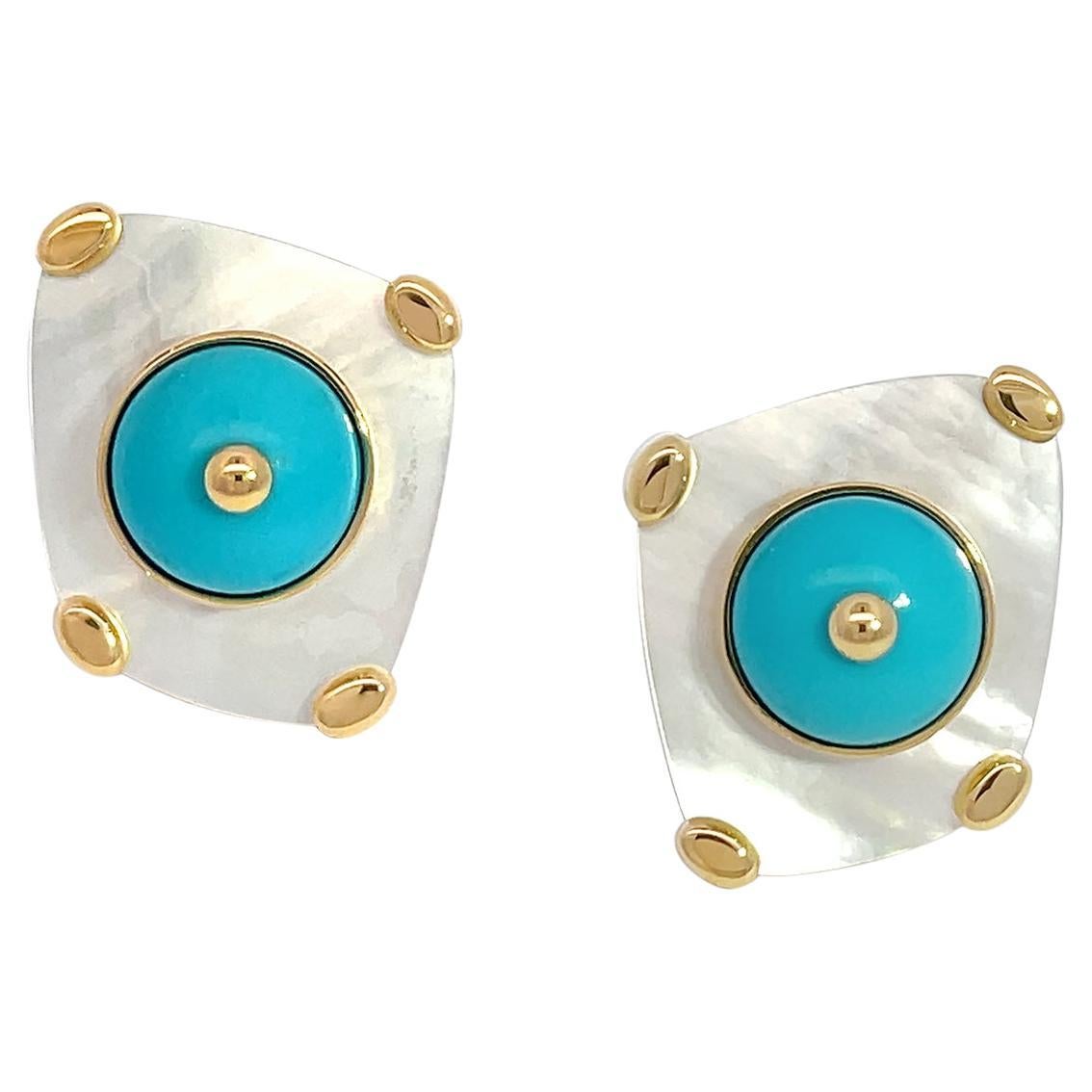 18K Yellow God Mother of Pearl and Turquoise Clip On Earrings