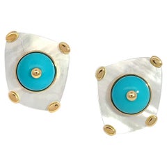 18K Yellow God Mother of Pearl and Turquoise Clip On Earrings