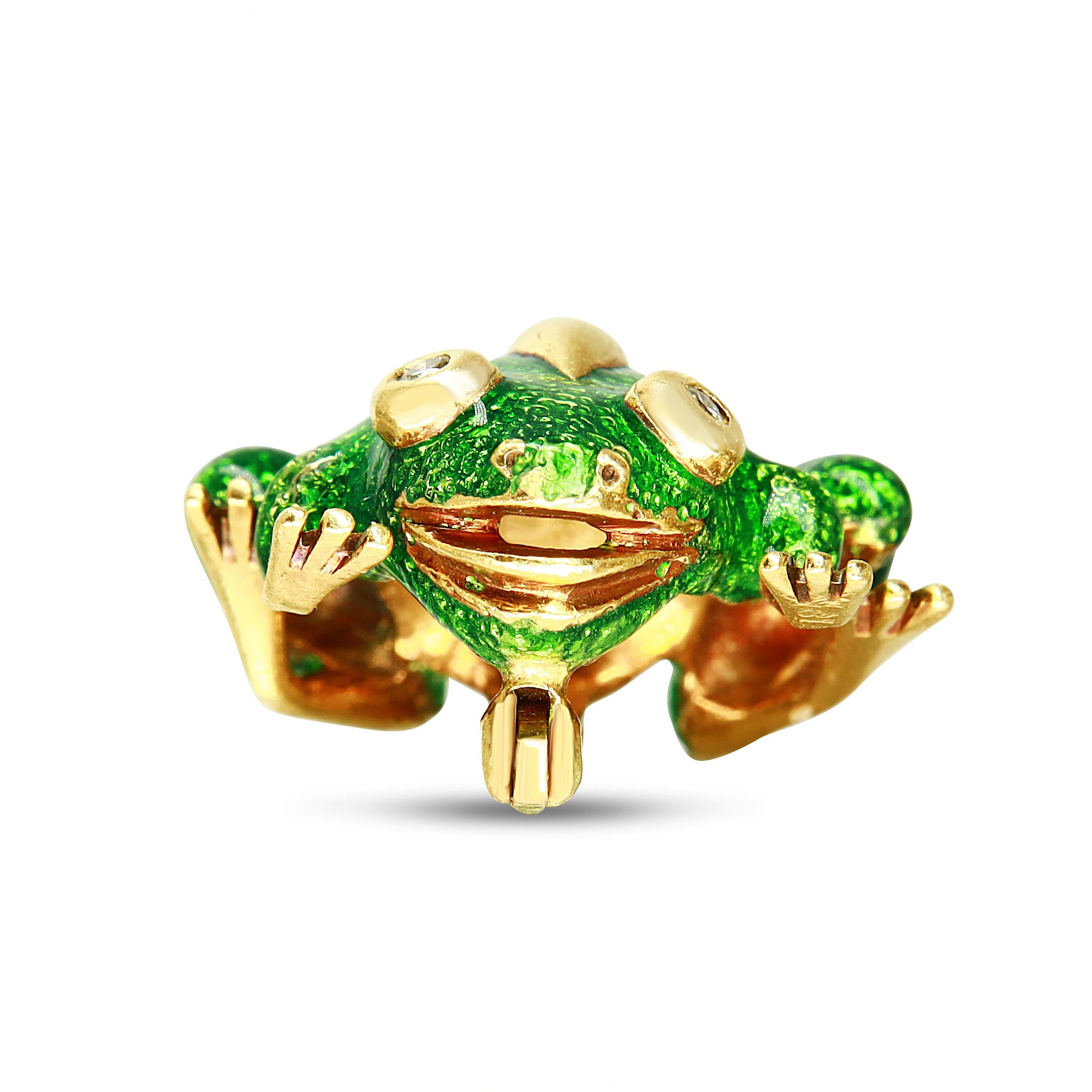 Leap into a fresh, new style with the whimsy and charm of this delightful Green Enamel Frog Brooch Pin. This little frog is ready to hop into a new adventure with eyes of cool white diamonds. These two round diamonds are bezel-set and provoke a