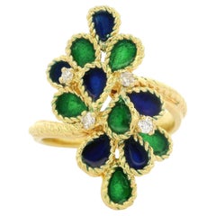 Anillo Largo de Alambre Torcido de Oro Amarillo de 18k 0,10 Diamantes Azul y Esmalte Verde