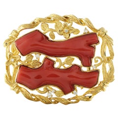 18K Yellow Gold 0.21ct Diamond and Coral Brooch MF01-110625