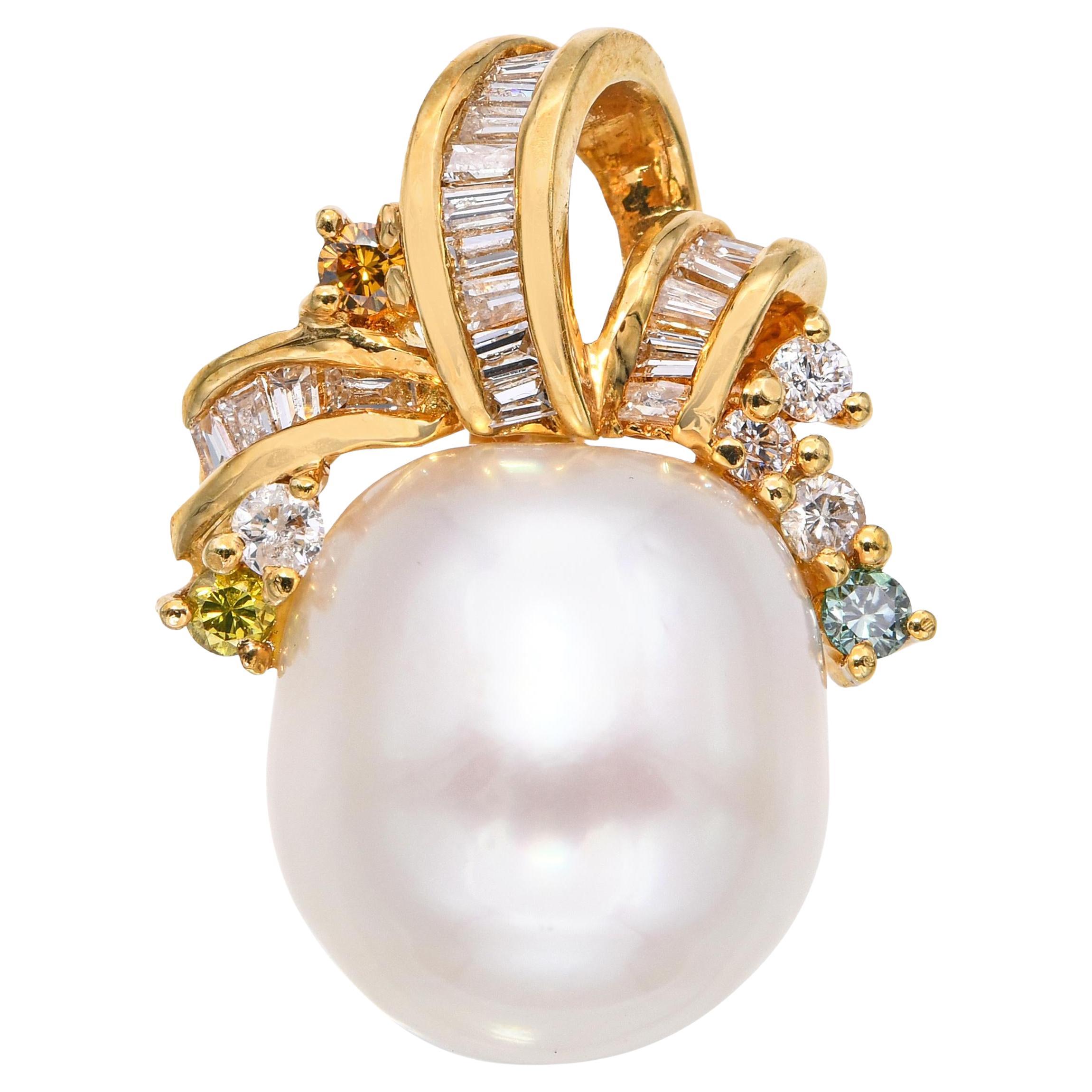 Pendentif en or jaune 18k 0.26tcw diamant de couleur et perle en vente