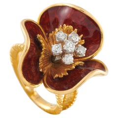 18K Yellow Gold 0.30ct Diamond and Enamel Flower Ring MF26-030226