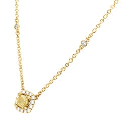 18K Yellow Gold 0.31 Carat Cushion Yellow Diamond Halo Necklace