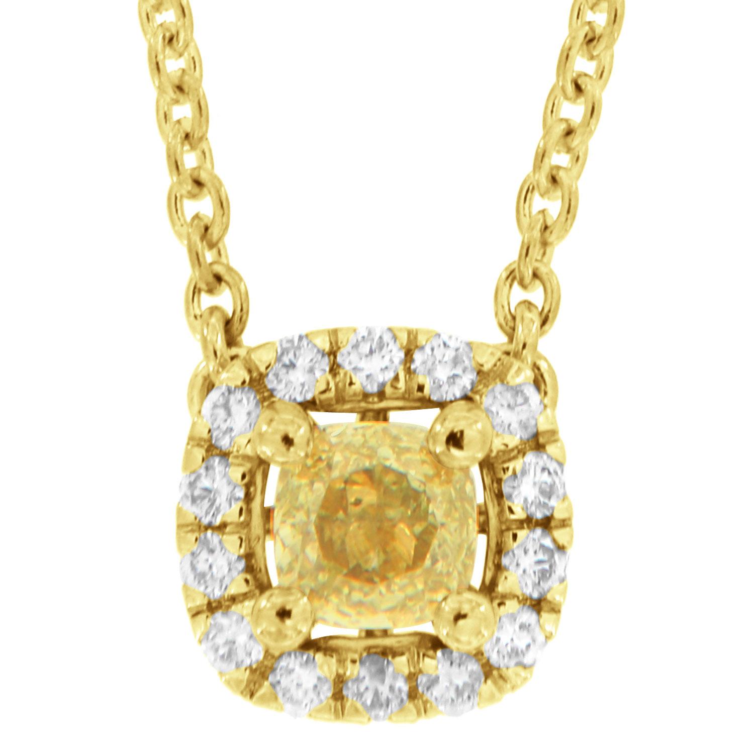 Cushion Cut 18K Yellow Gold 0.31 Carat Cushion Yellow Diamond Halo Necklace For Sale